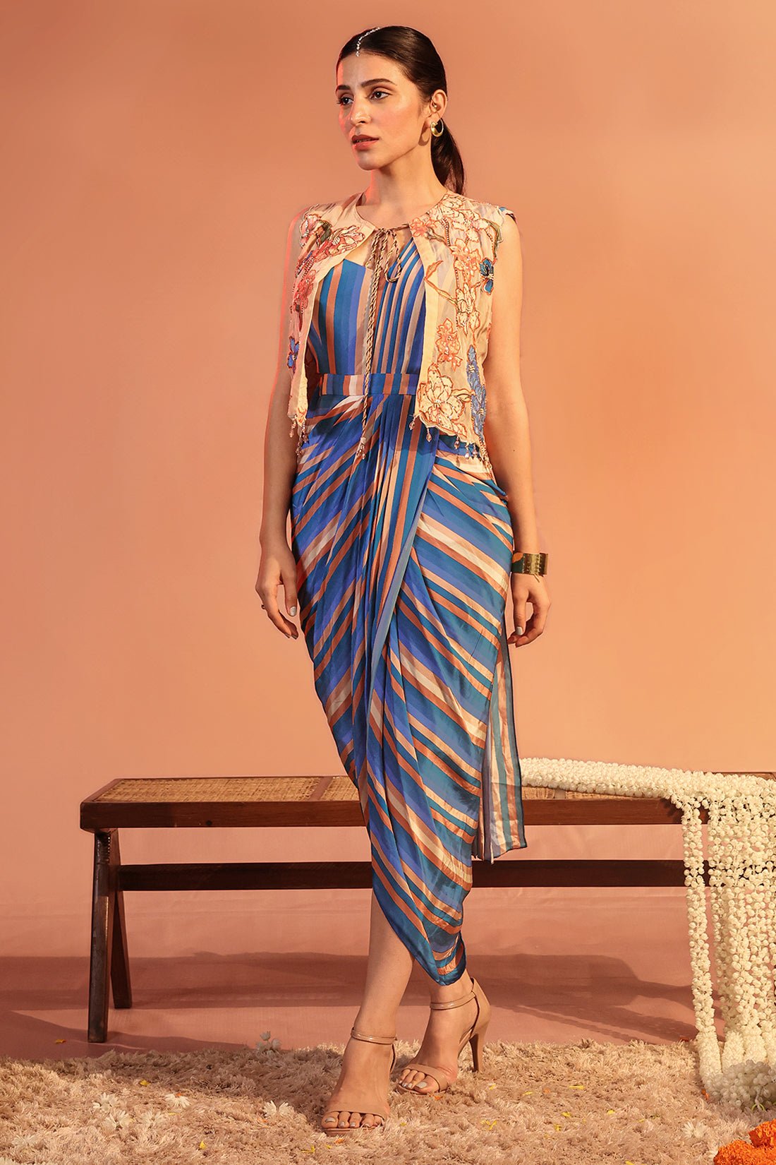 Blue Striped Saree-Style Drape Maxi Dress Set