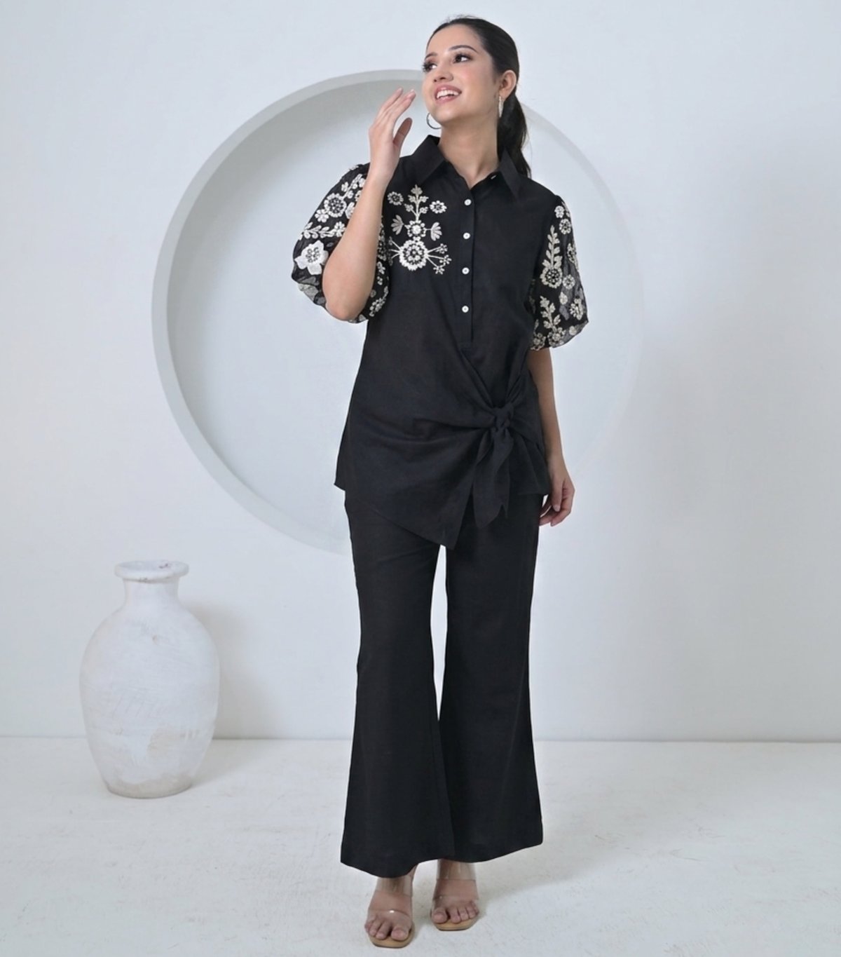 Monochrome Phool-Patti Short Organza Sleeve Side Tie-Up Co-Ord Set
