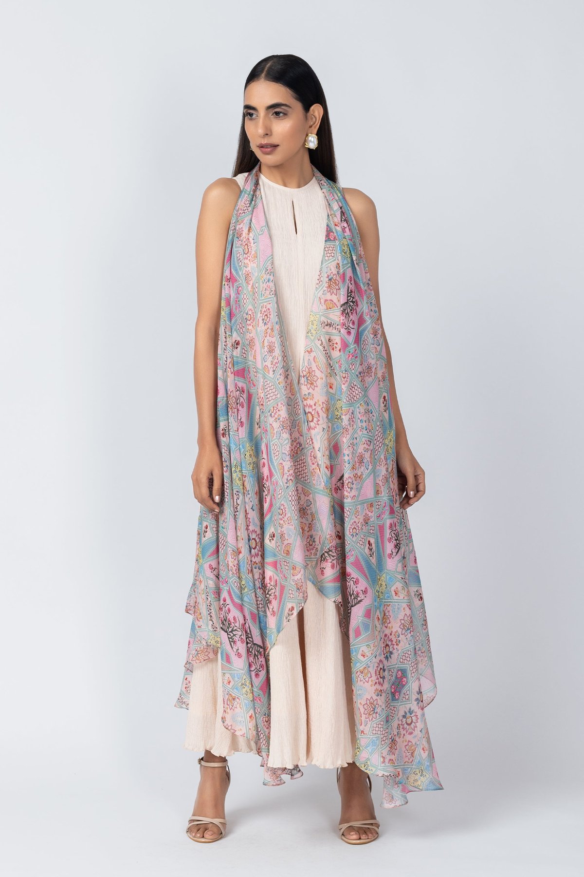 Ivory A-Line Midi Dress with Printed Long Organza Jacket