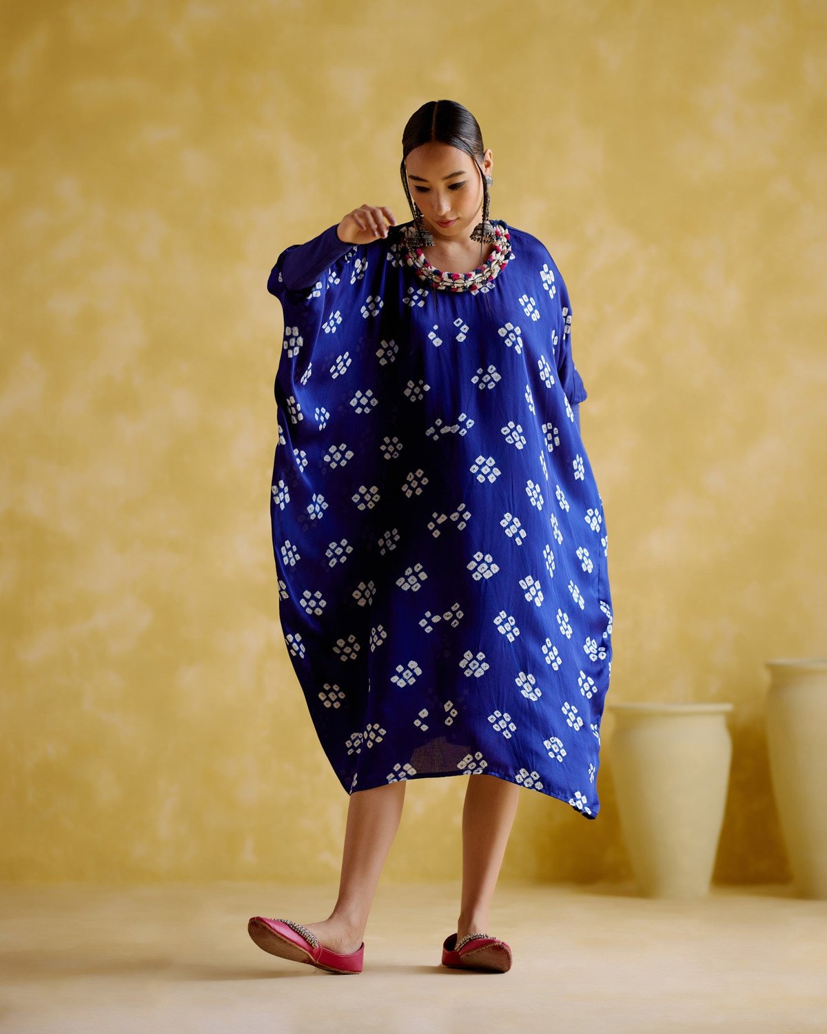 Blue Bandhani Modal Satin Kaftan with Embellished Neckline