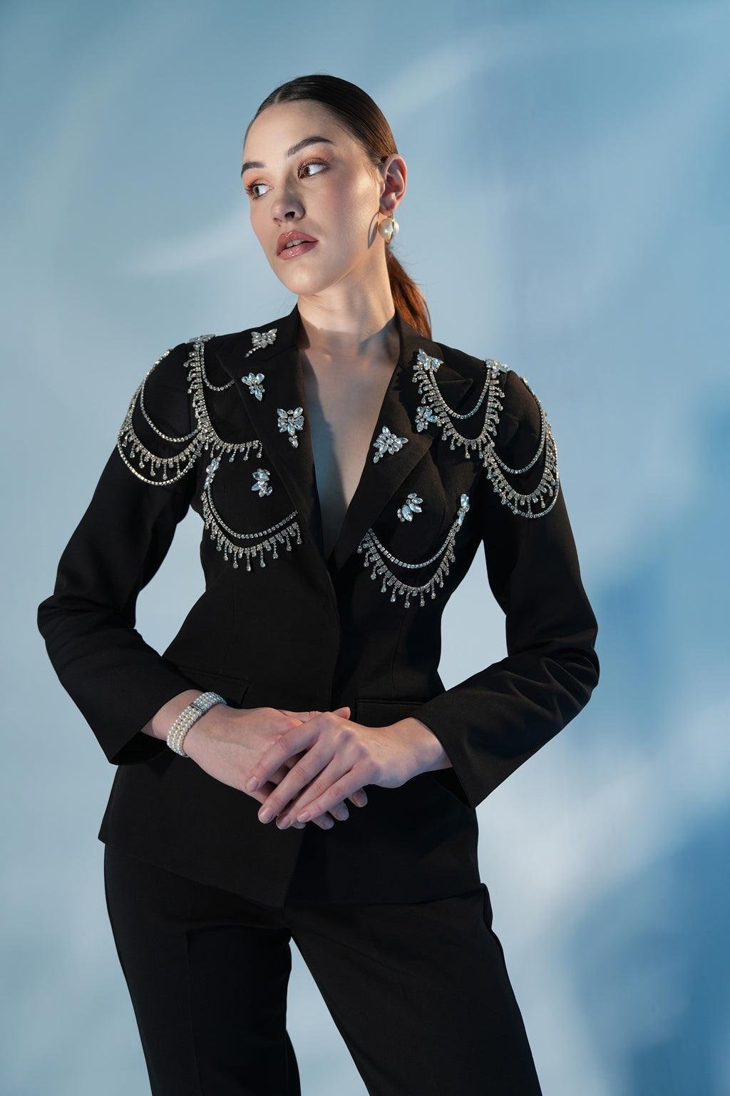 Black Crystal-Embellished Blazer and Trouser Co-ord Set