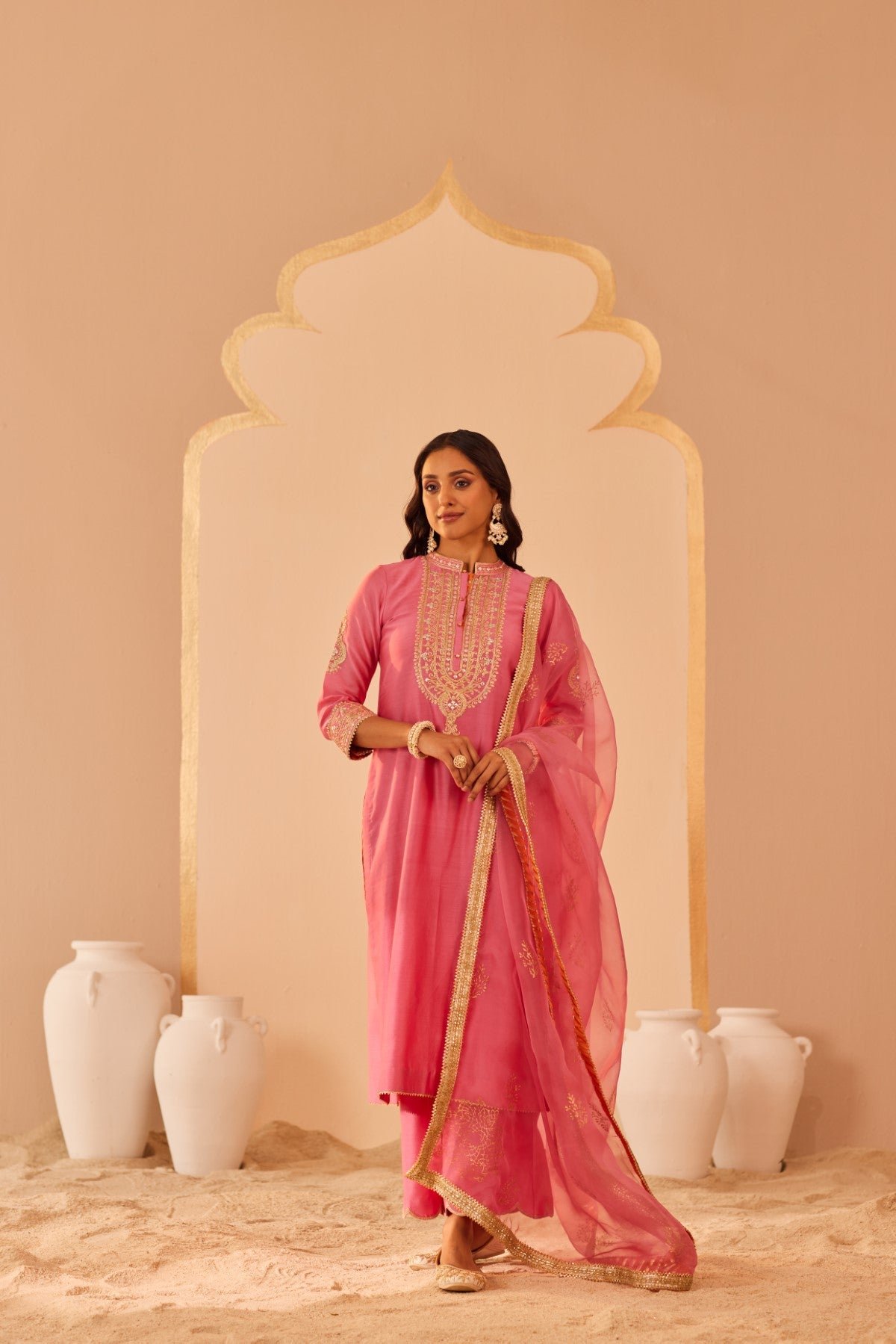 Flamingo Pink Block Print Kurta Set with Palazzo and Dupatta