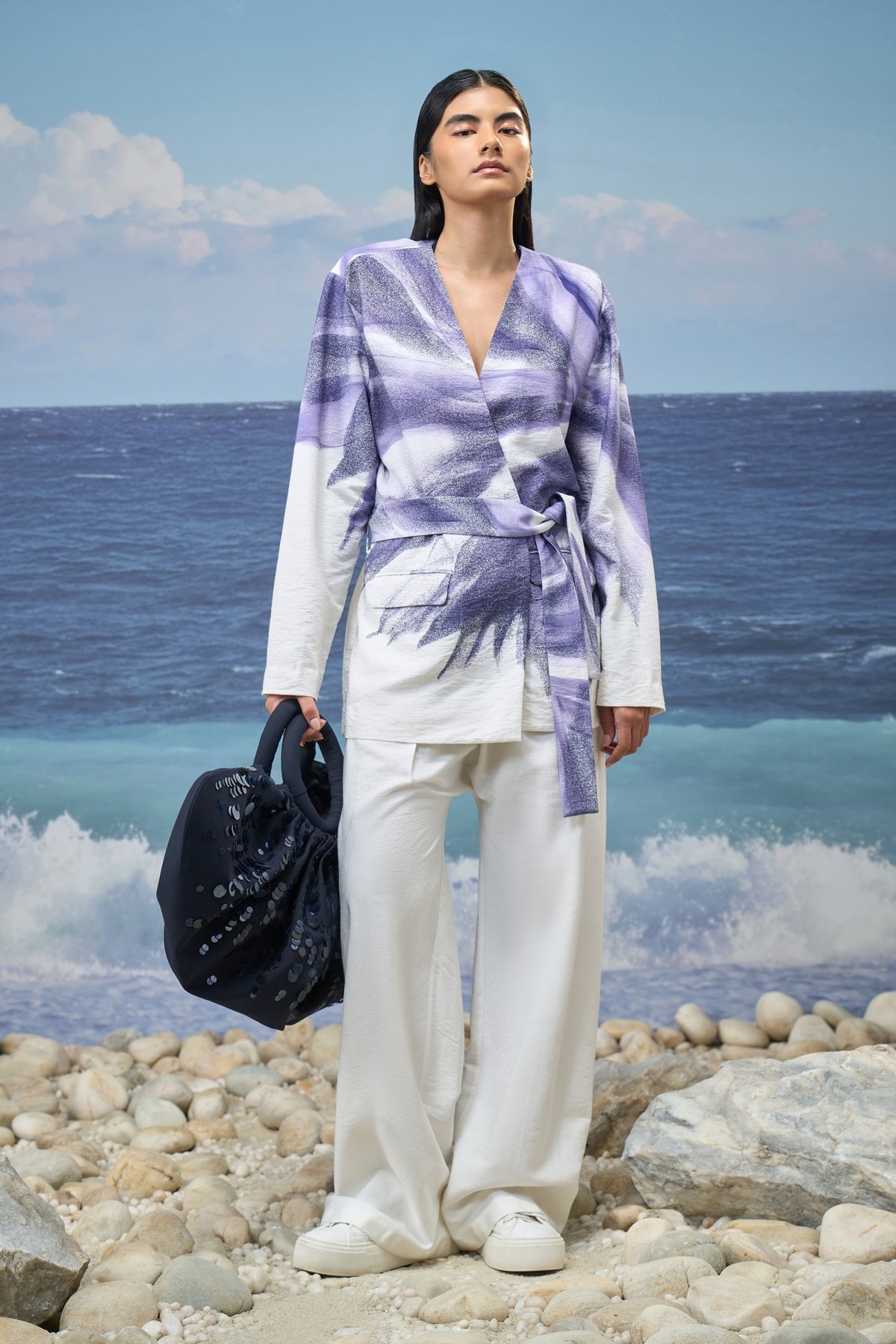 White Abstract Ombre Wrap Jacket with Tie Belt