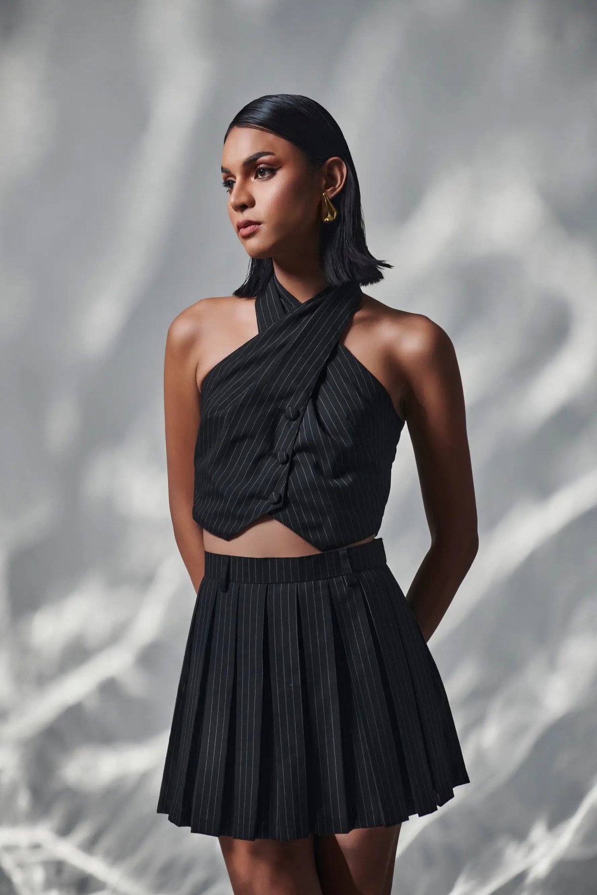 Black Pinstripe Box-Pleat Suiting Mini Skirt