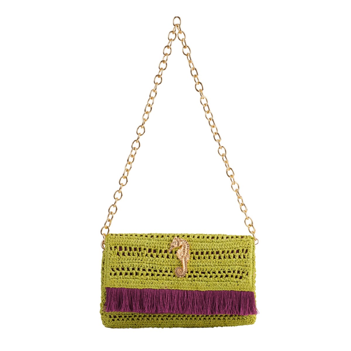 JENA Poppy Green Slim Raffia Clutch with Gold Emblem