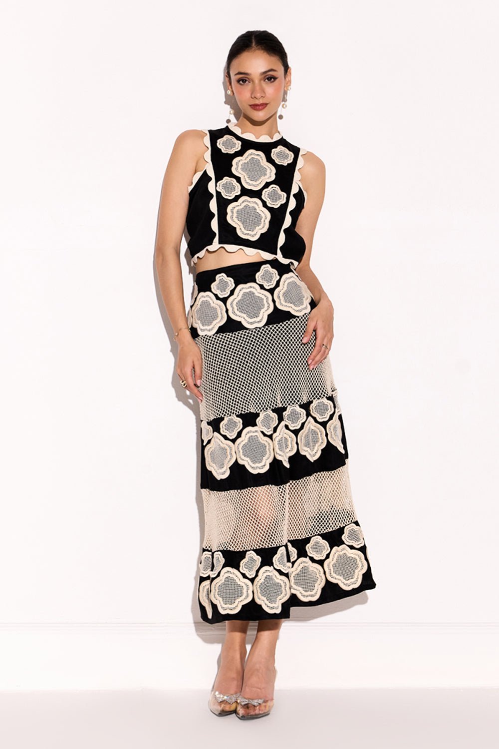 Black Embroidered Crop Top and Midi Skirt Co-ord Set