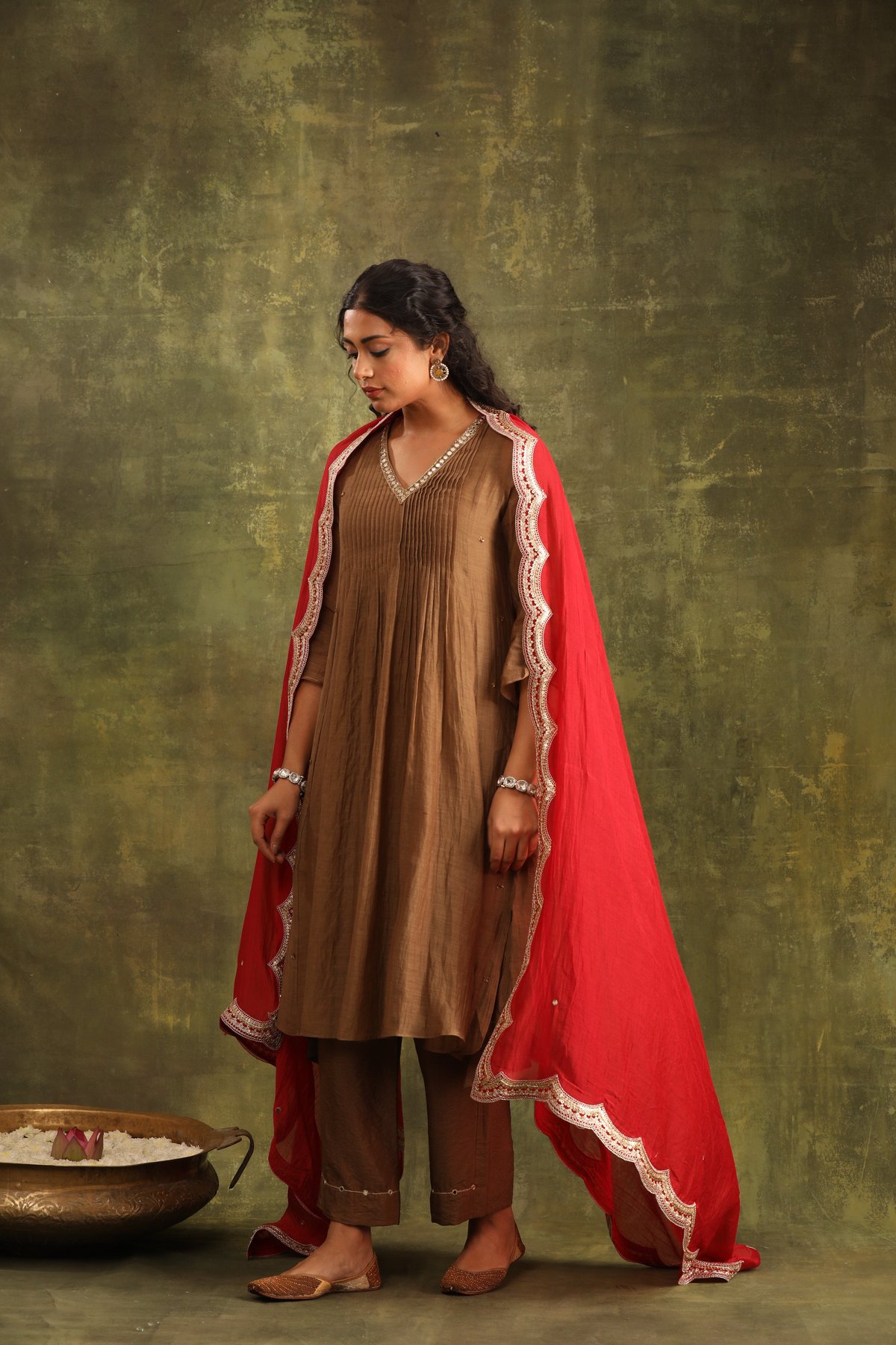 Brown Silk Chanderi Hand-Embroidered Kurta Set