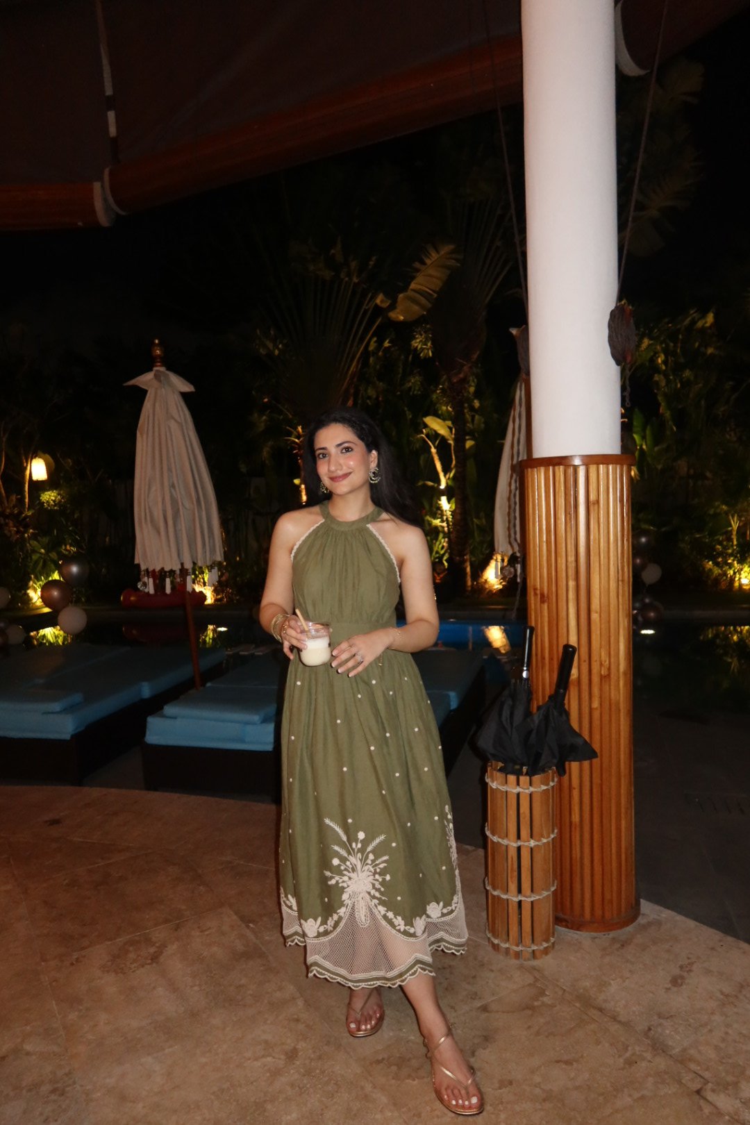Olive Green Linen Halter Neck Embroidered Midi Dress