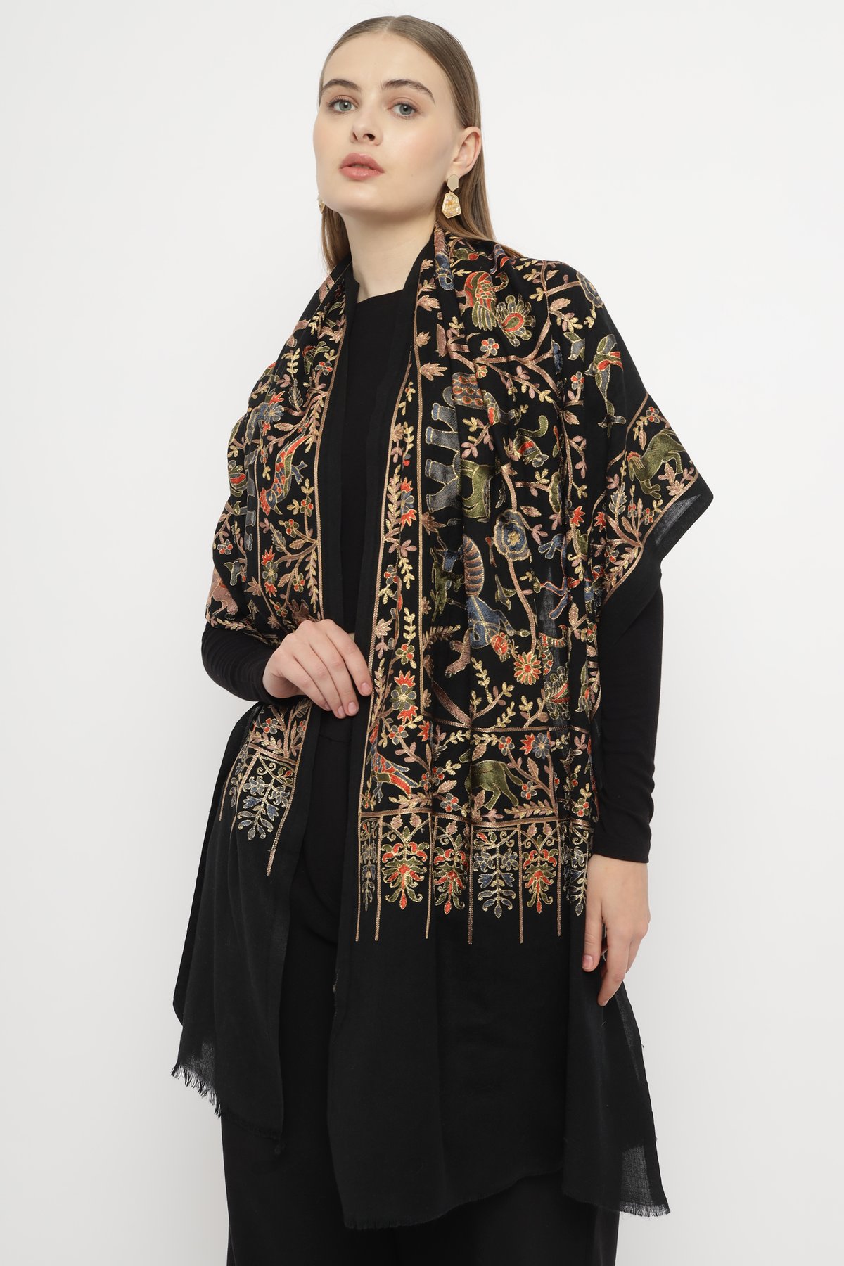 Emboridered Gold Animal Shawl Black