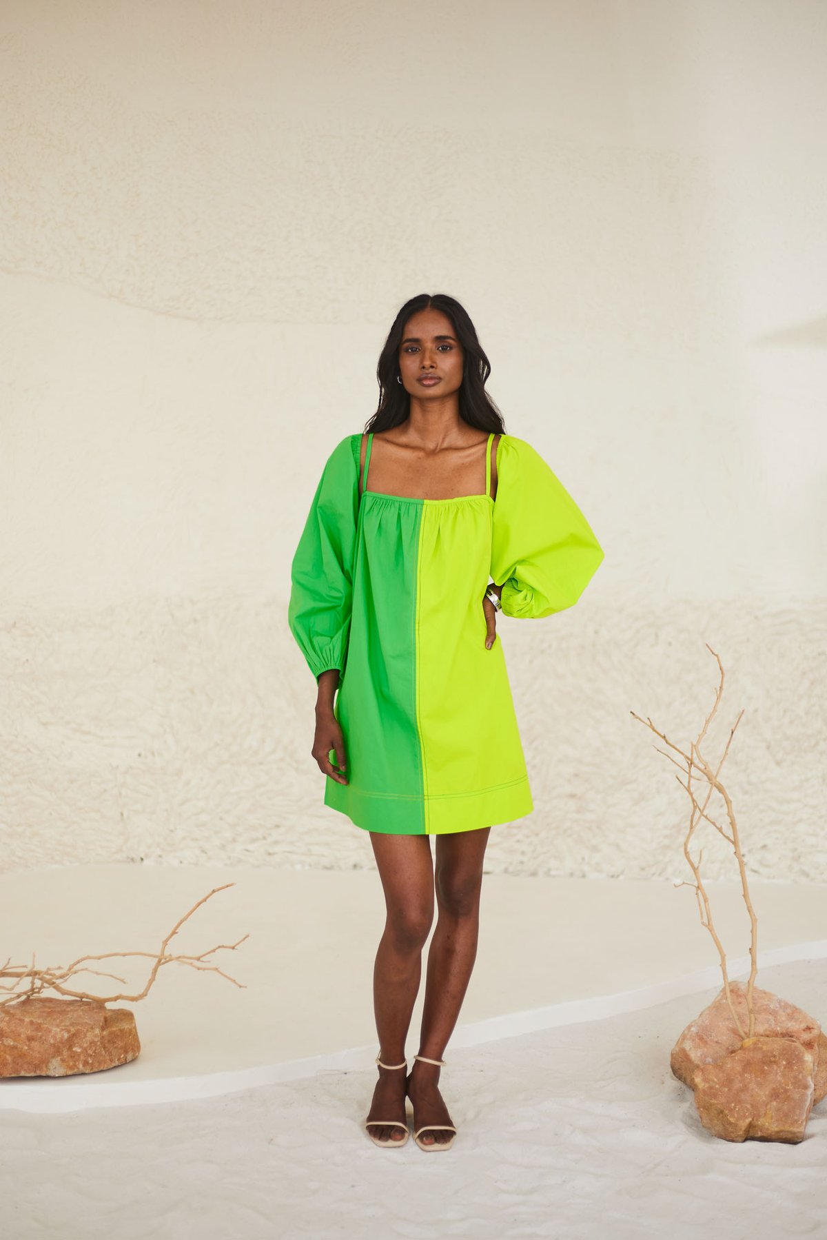 Green Colorblock Oversized Poplin Mini Dress