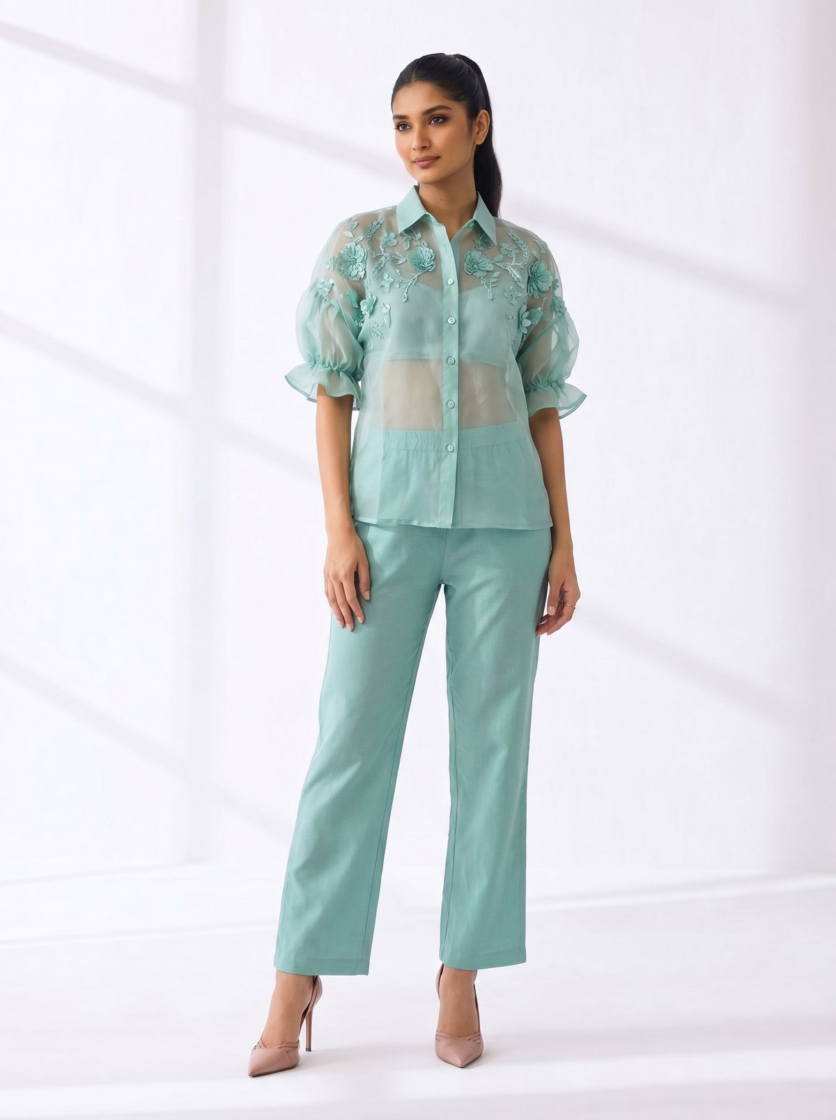 Sea Blue Sheer Shirt and Pants Co-ord Set