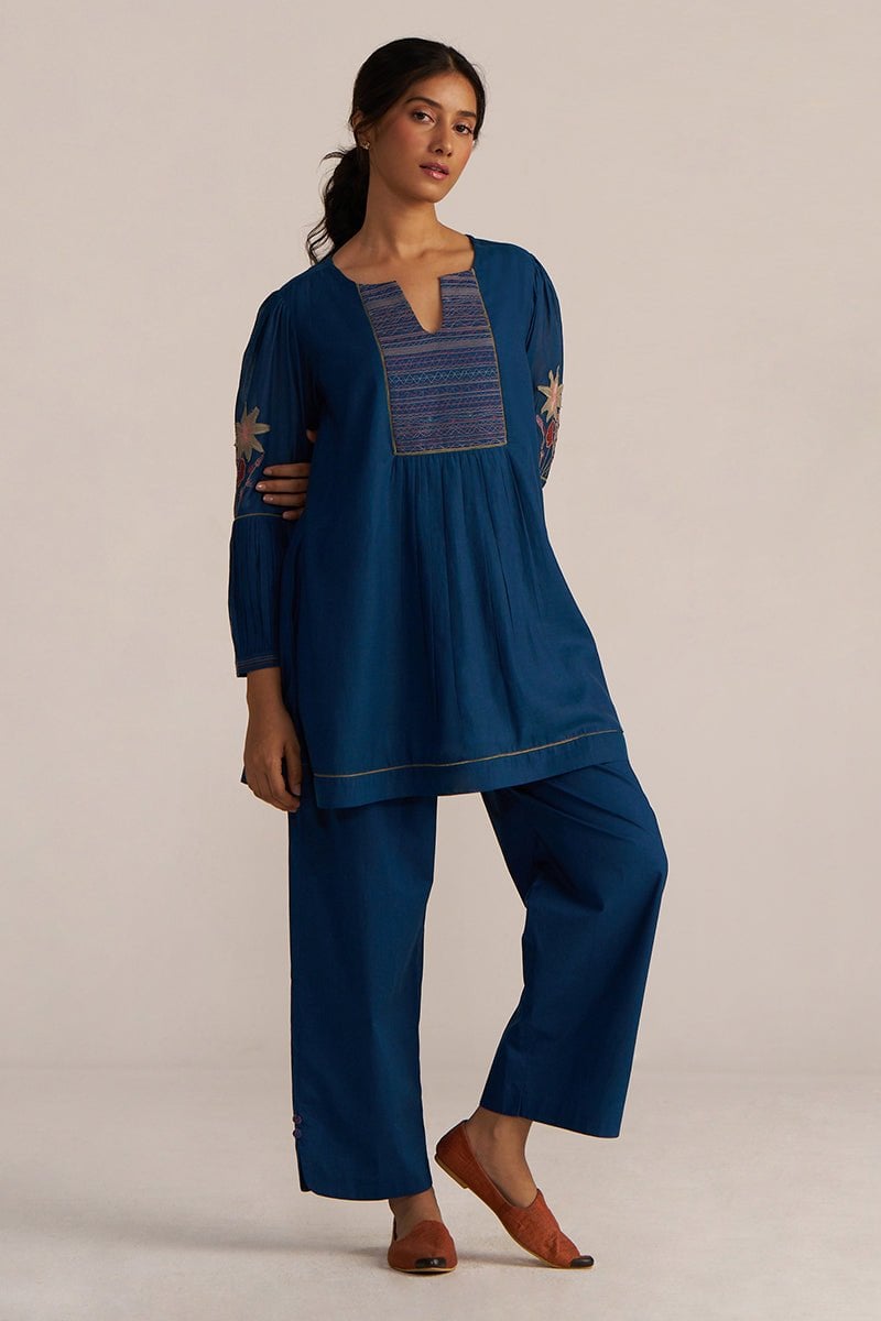 Blue Embroidered Yoke Co-ord Set with Straight Pants