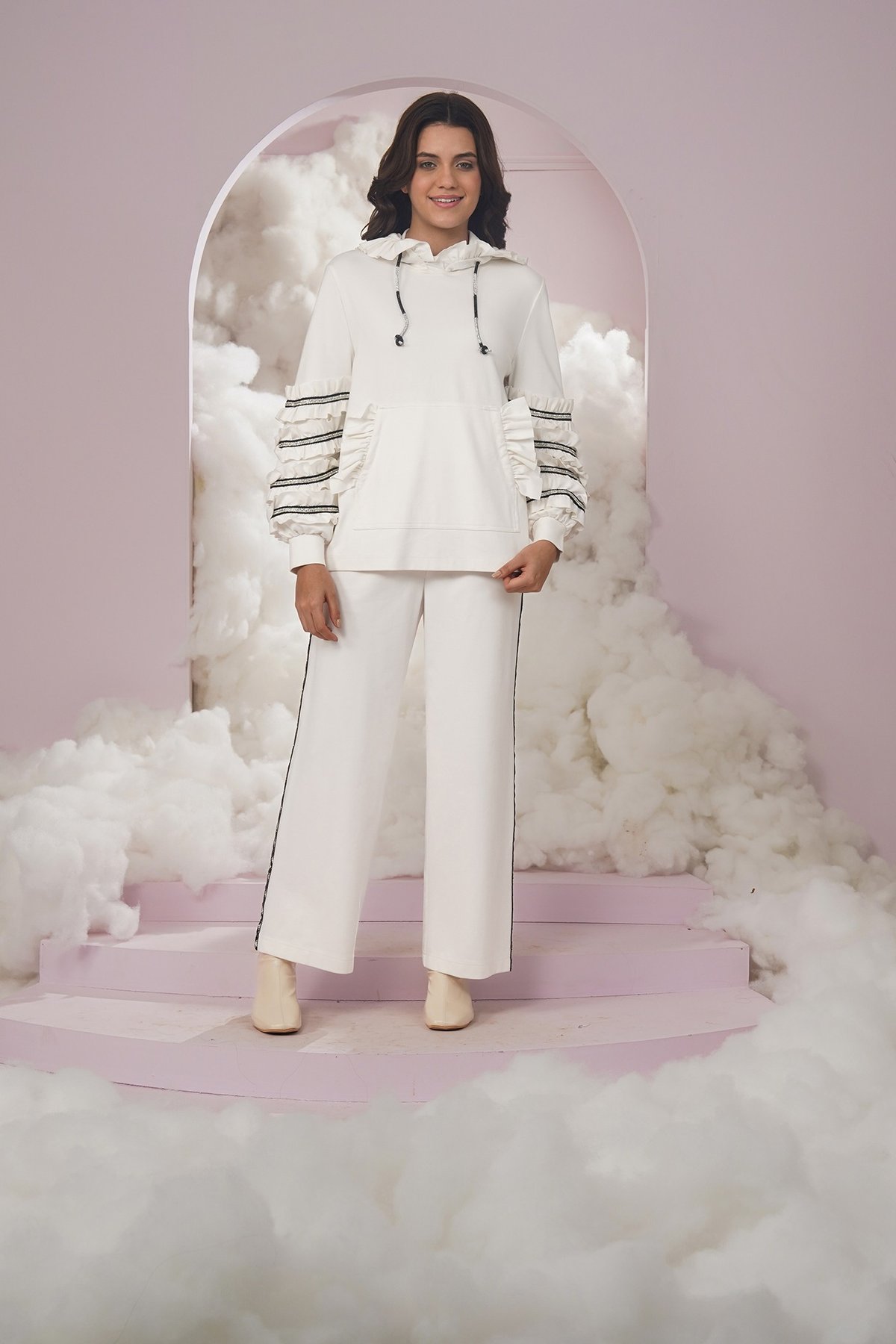 White Ruffle Sleeve Pullover Hoodie