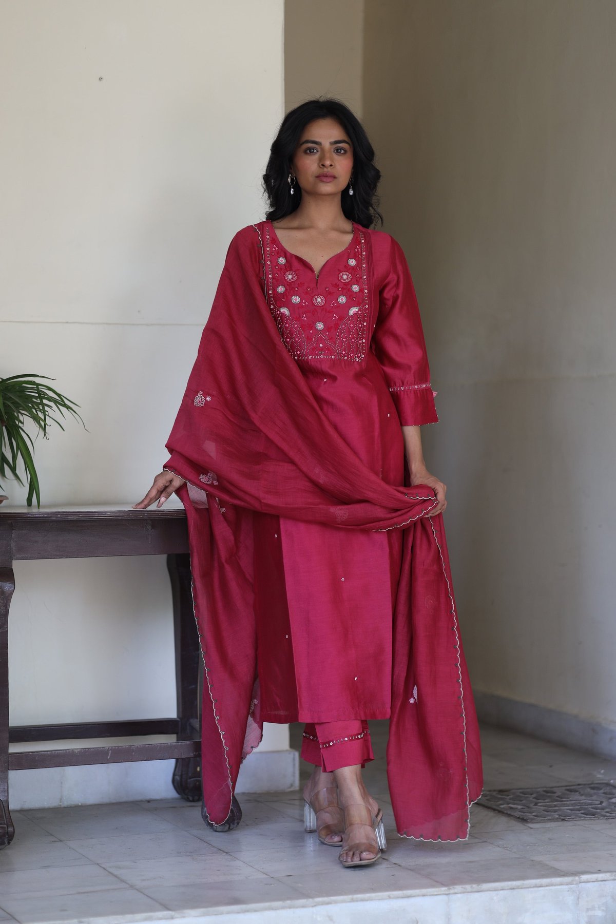 Magenta Pink Embroidered Yoke Chanderi Kurta Set