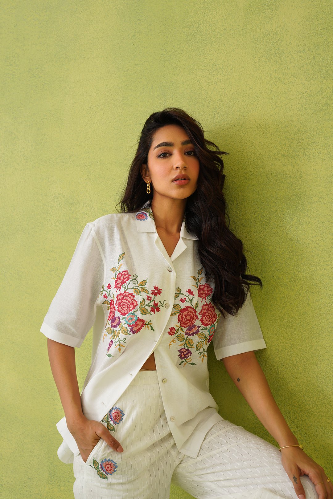 Cream Italian Modal Floral Button-Down Shirt