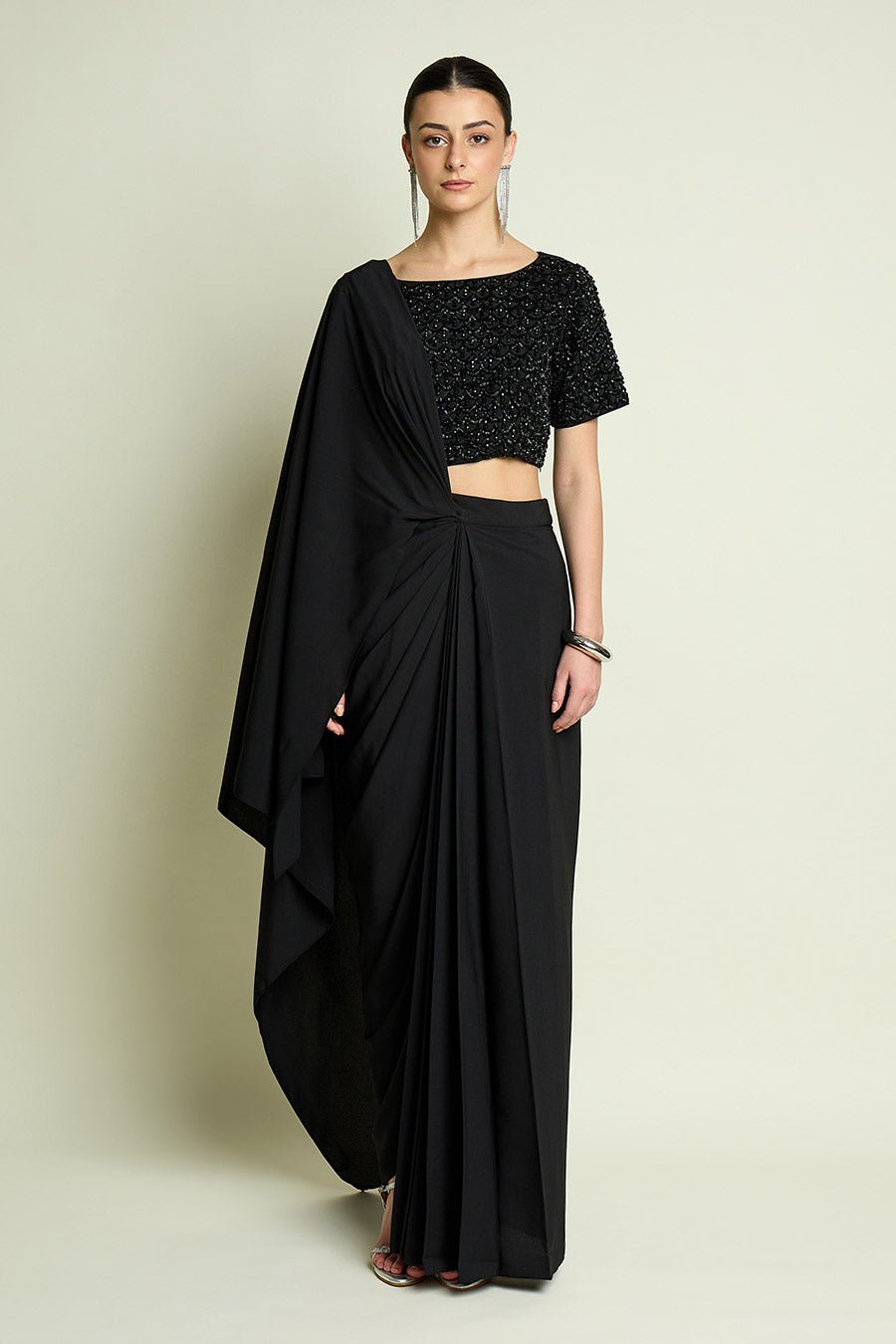 Stellar Noir Pre-Draped Saree With Blouse