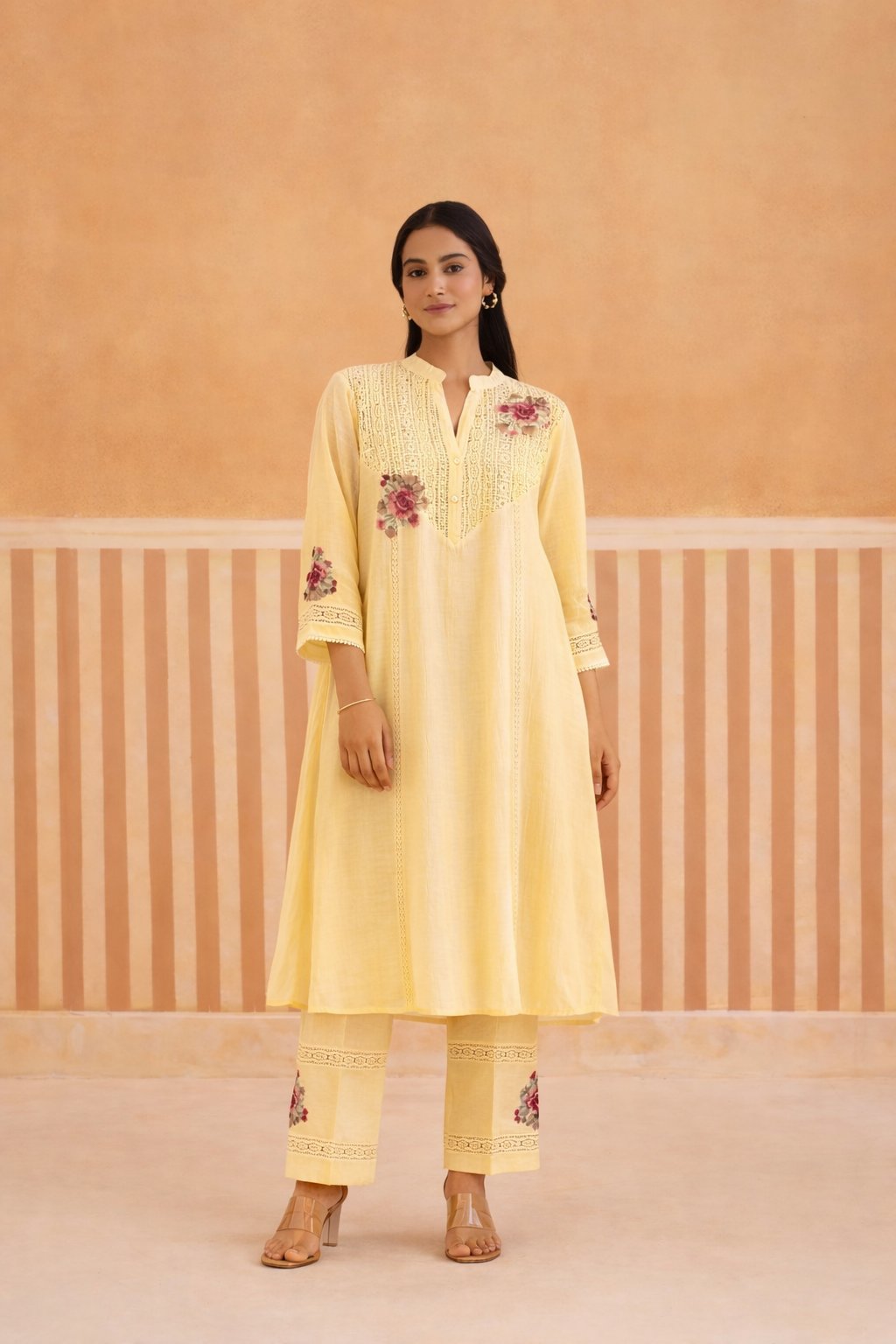 Mul Chanderi Kurta Set with V-Lace Yoke