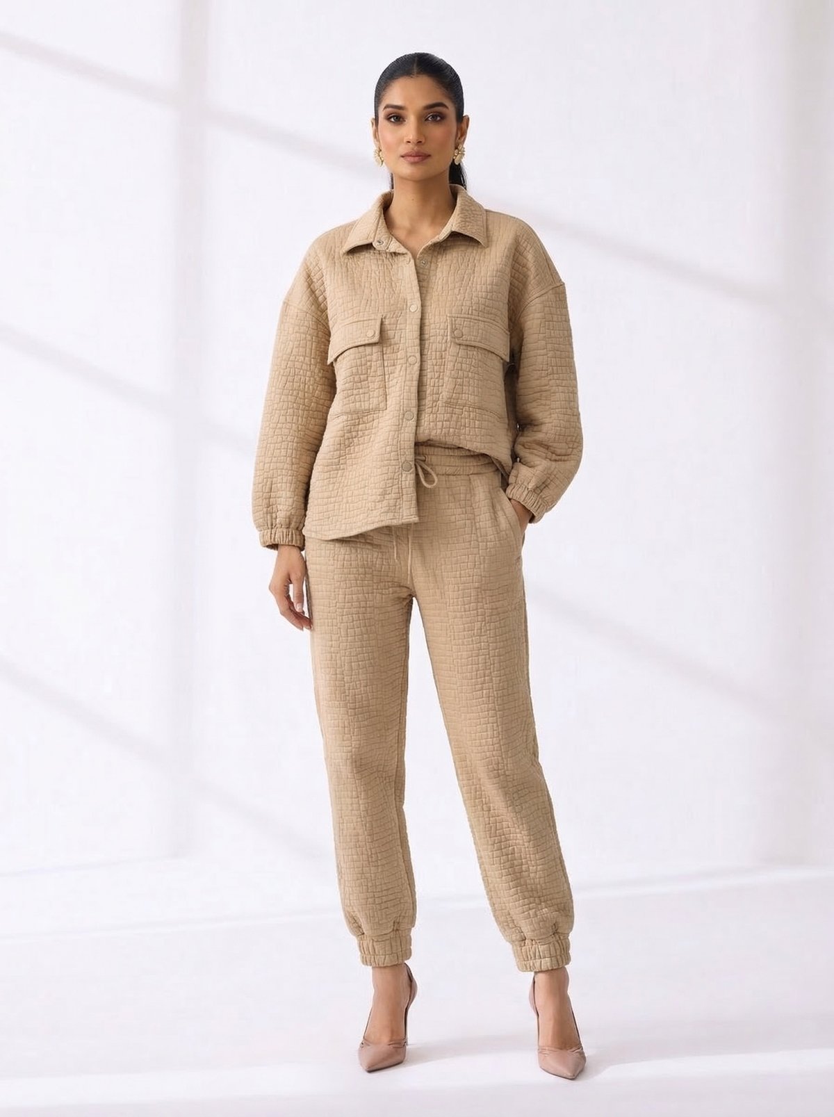 Beige Quilted Overshirt and Jogger Co-ord Set