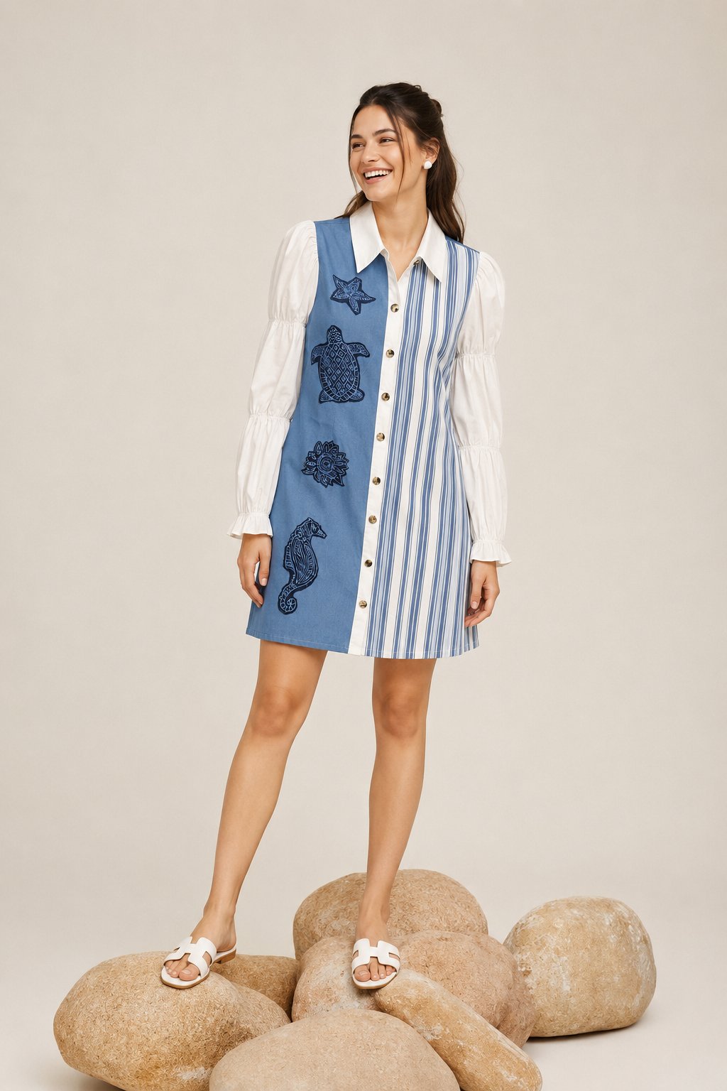 Blue Colorblock Shirt Dress with Embroidered Motifs