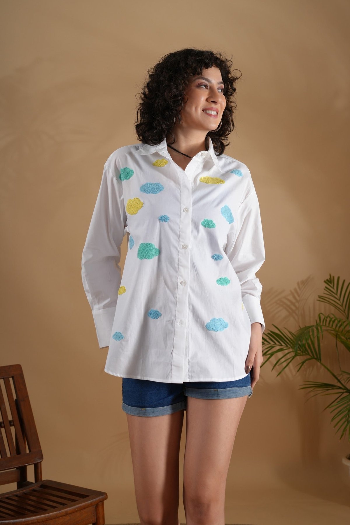 White Cotton Comfort-Fit Shirt with Cloud Embroidery