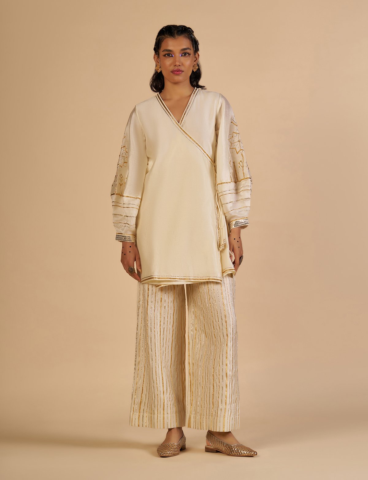 Off White Silk Chanderi Wrap Kurta with Lantern Sleeves