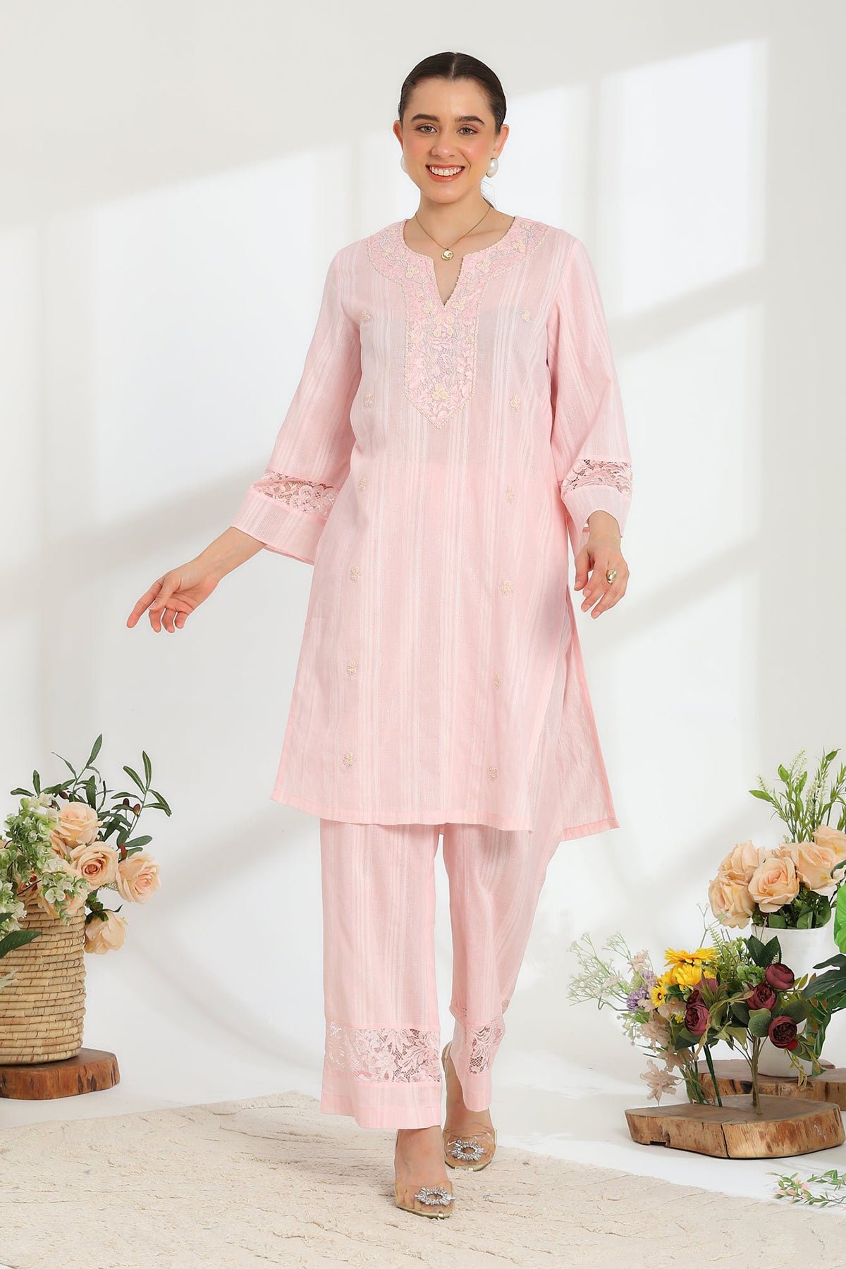 Silvaire Rose Hand Embroidered French Lace Cotton Lurex Kurta Set