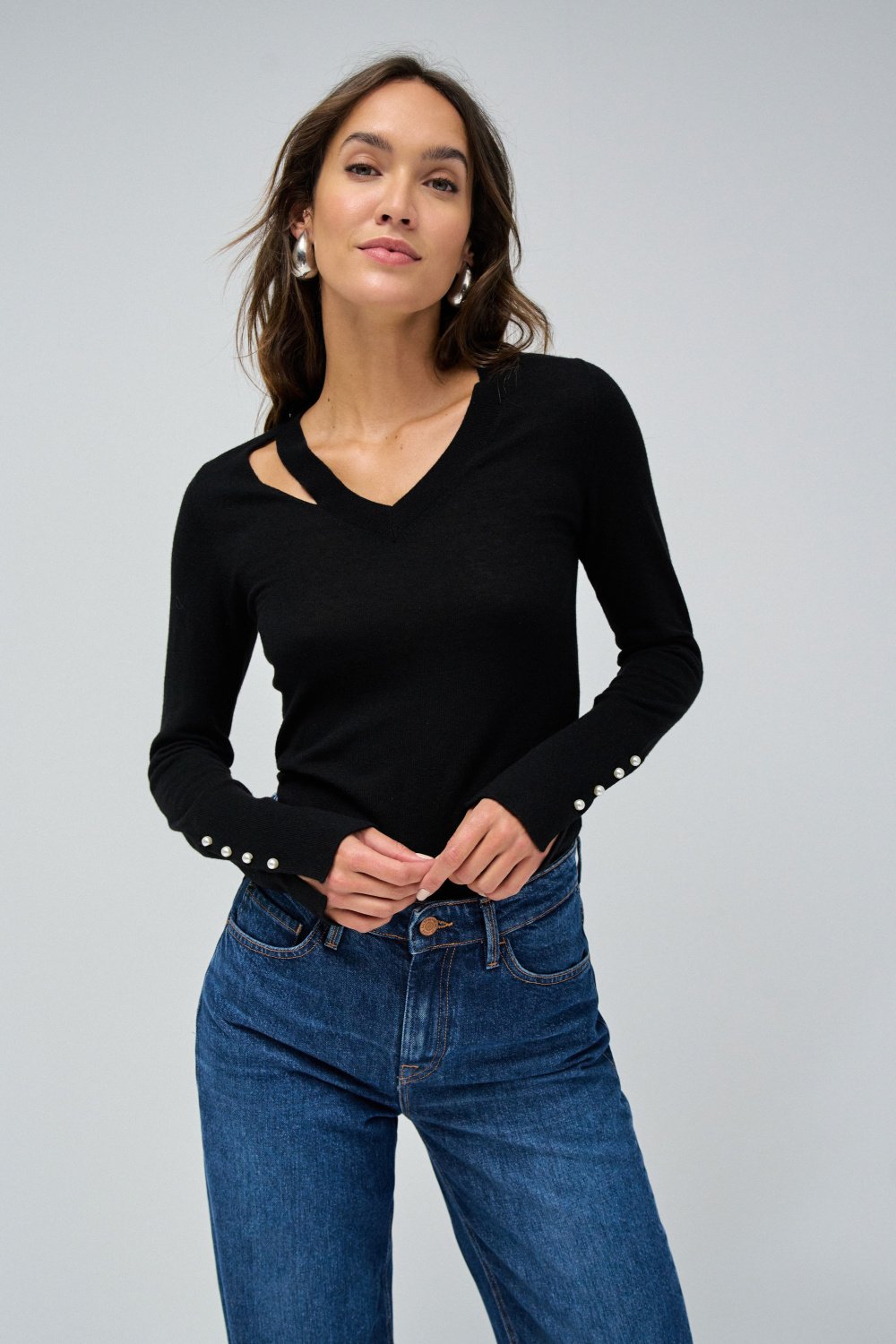 Black Slim-Fit V-Neck Pullover Sweater