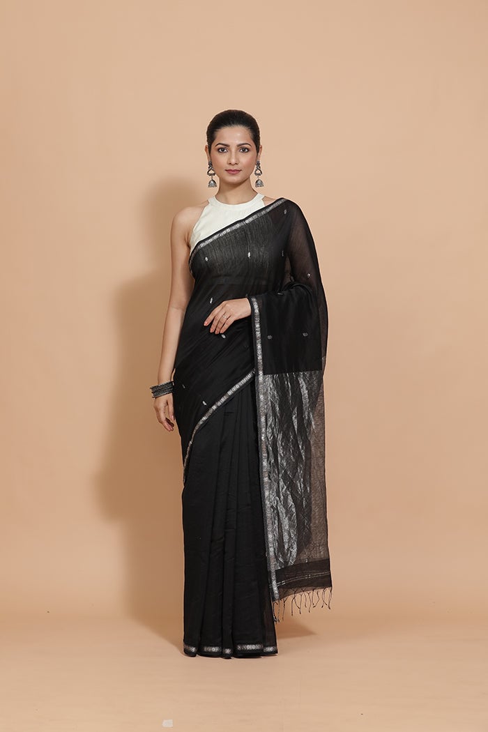 Maheshwari Cotton Silk Black Chameli Butta Silver