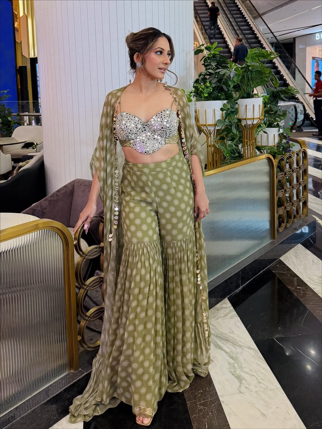 Green Mirror-Work Bustier, Sharara and Cape Co-ord Set