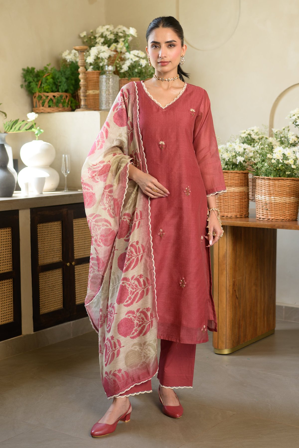 Rustic Maroon Thread Work Chanderi Suit Set