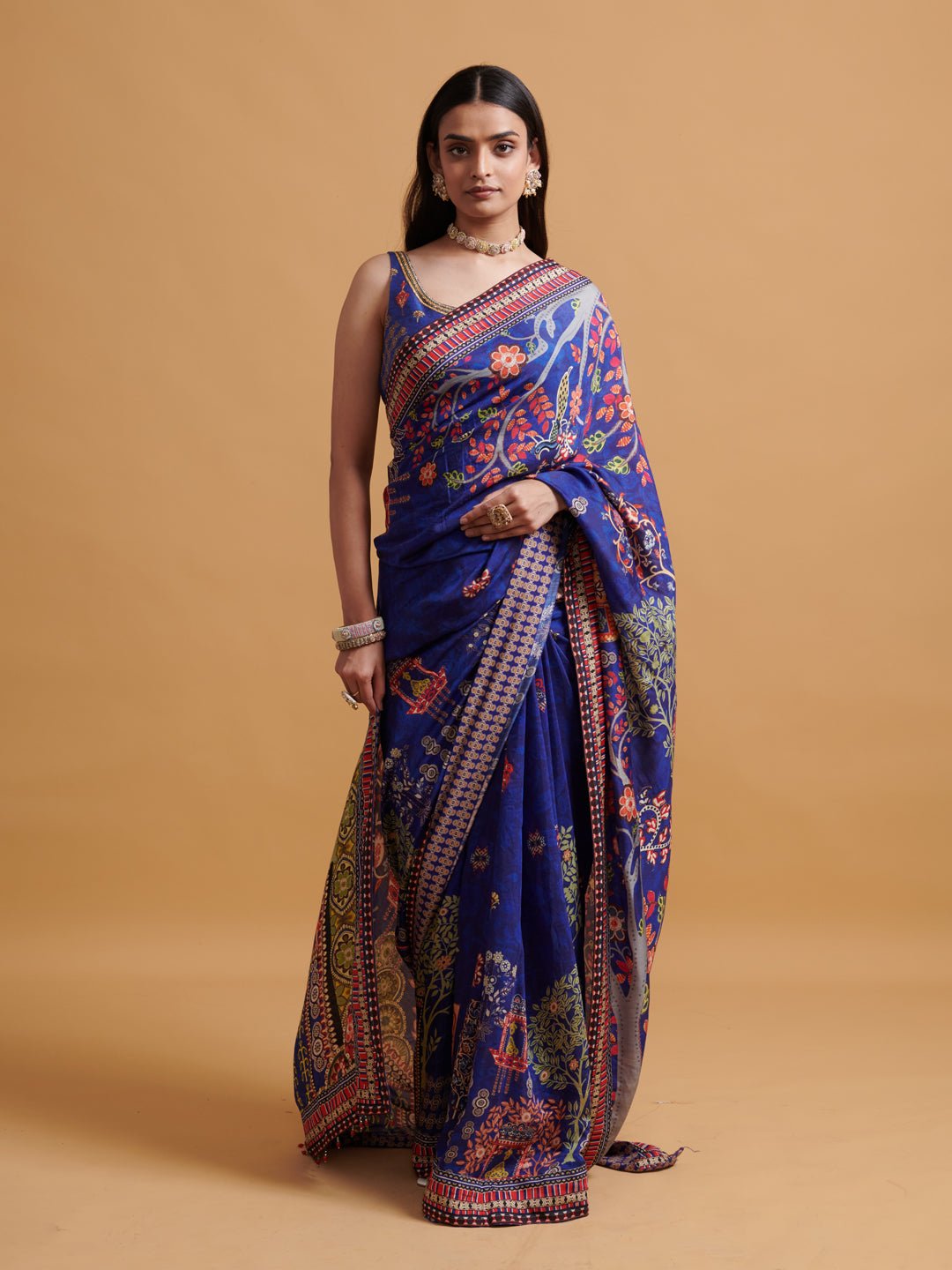 Blue Printed Viscose Crepe Saree With Crystal-Edged Pallu
