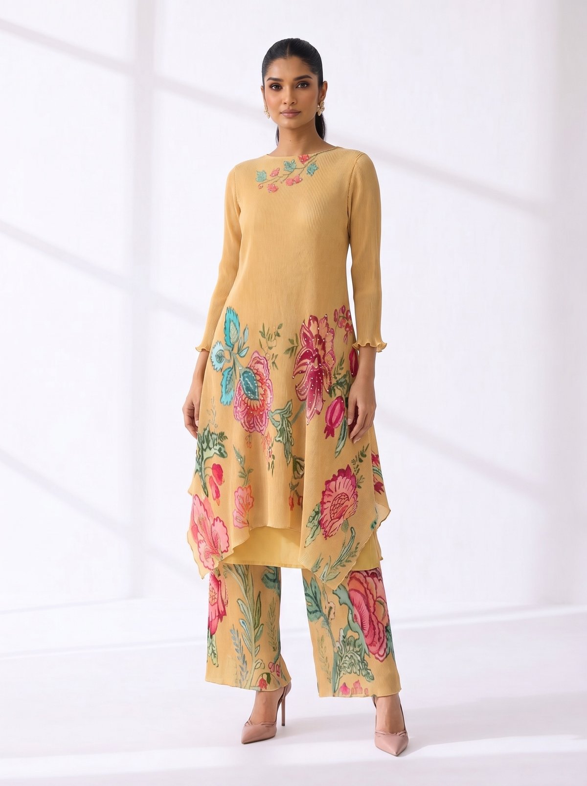Yellow Floral Printed A-Line Kurta Set with Layered Hem