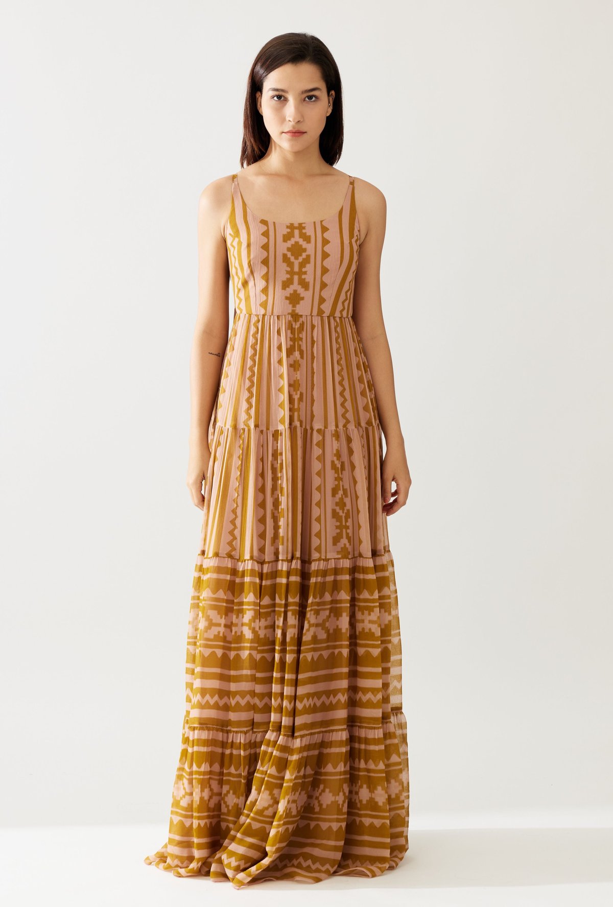 Pink And Mustard Dual Tone Sleeveless Long Dress