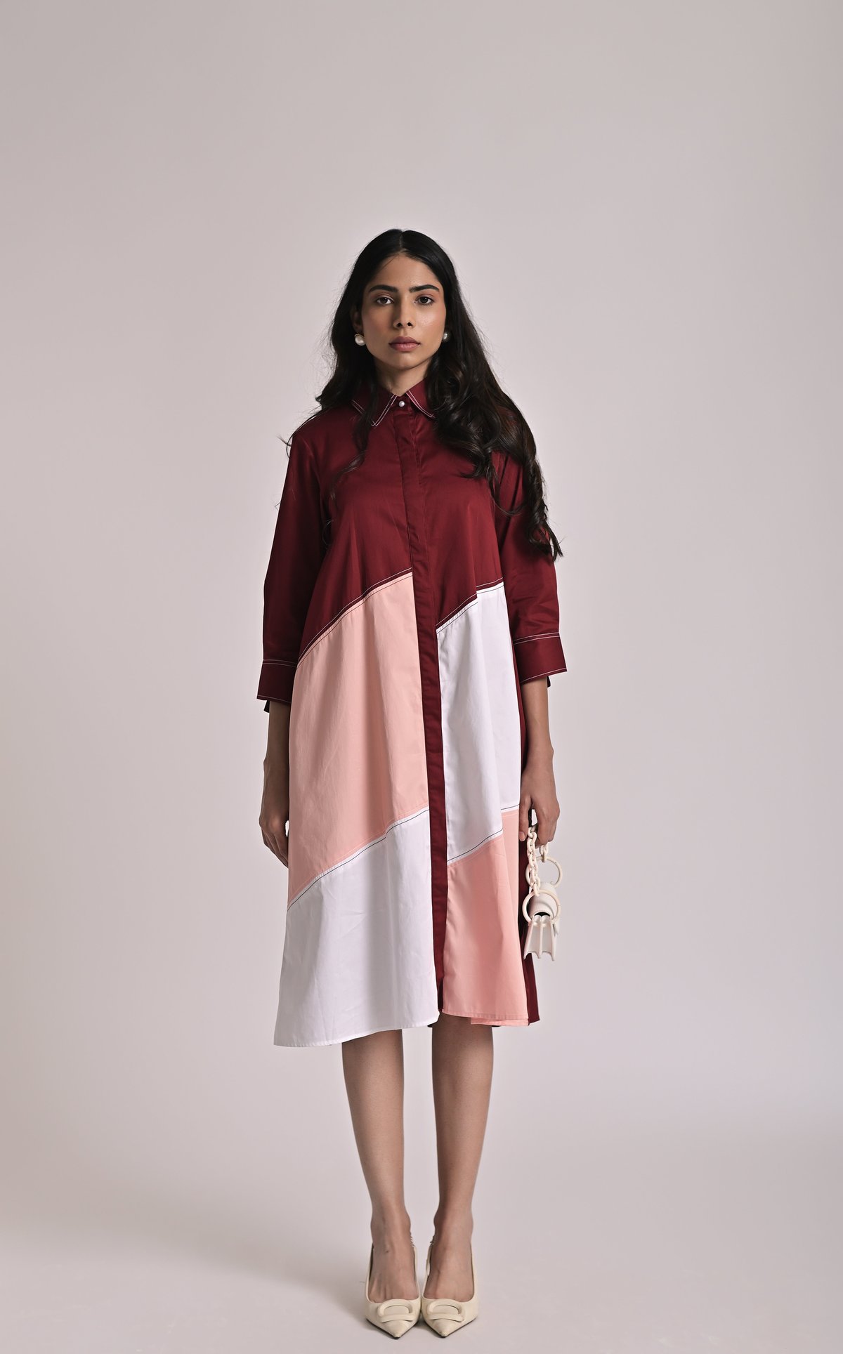 Multicolor Diagonal Colorblock Midi Shirt Dress