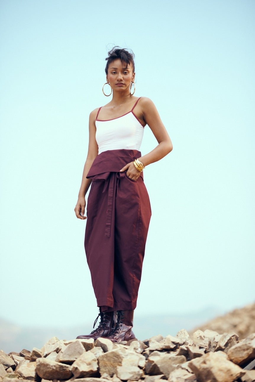 Deep Wine Cotton Twill Wrap Midi Skirt with Tie Waist