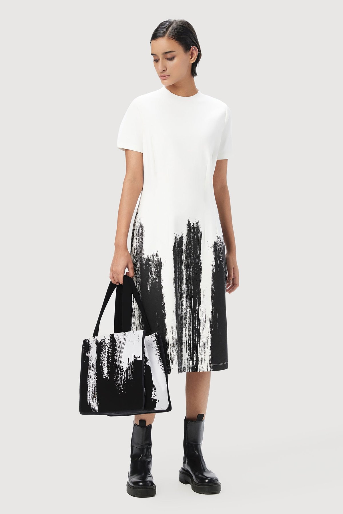 White Slim Fit Midi Dress with Abstract Brush Print