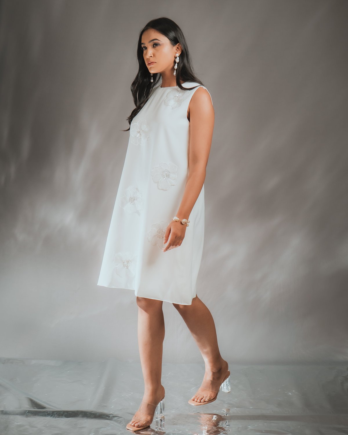 Ivory A-Line Knee-Length Dress with 3D Floral Applique