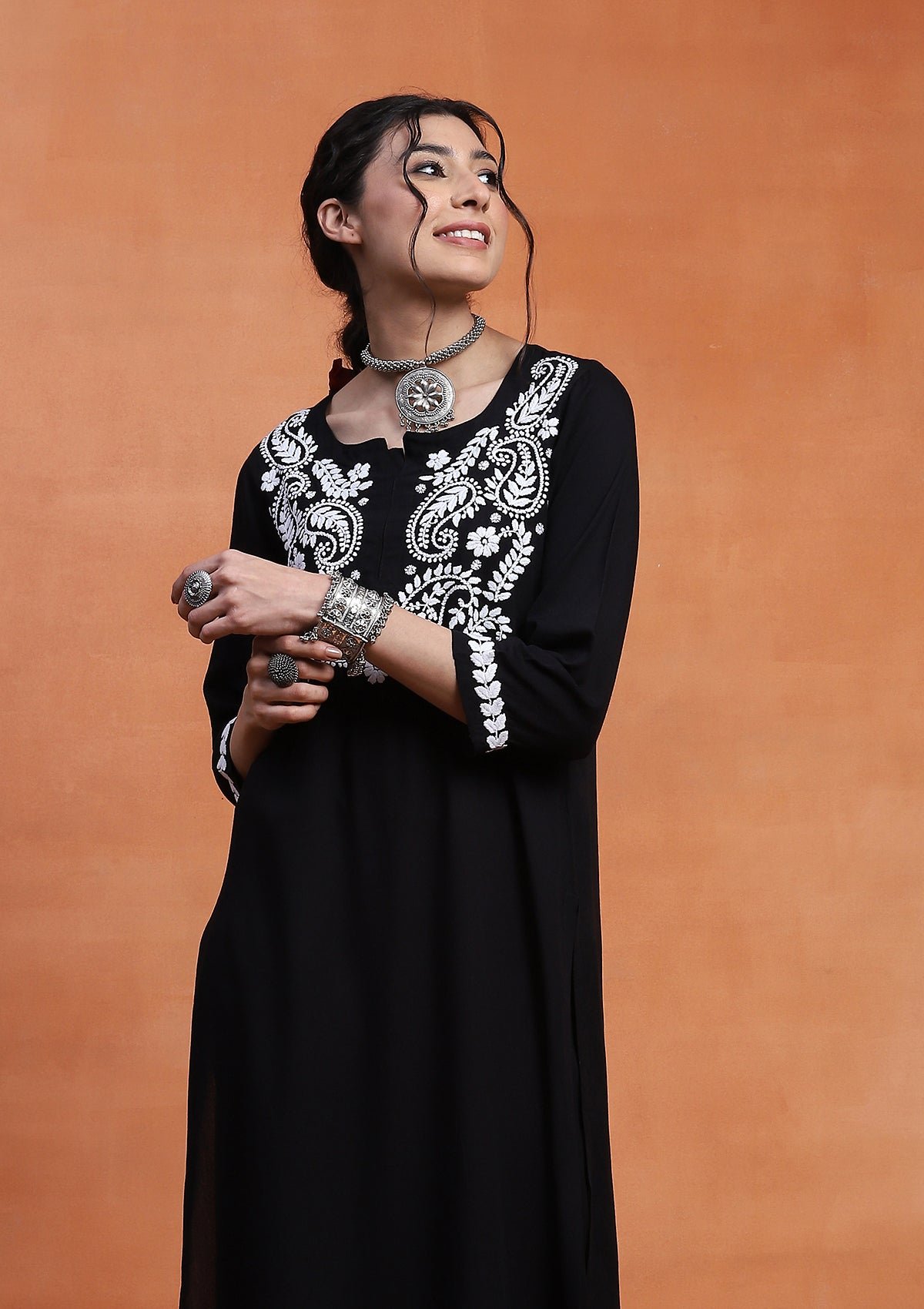 Rubaab Chikankari Rayon Straight Kurta Set - Black