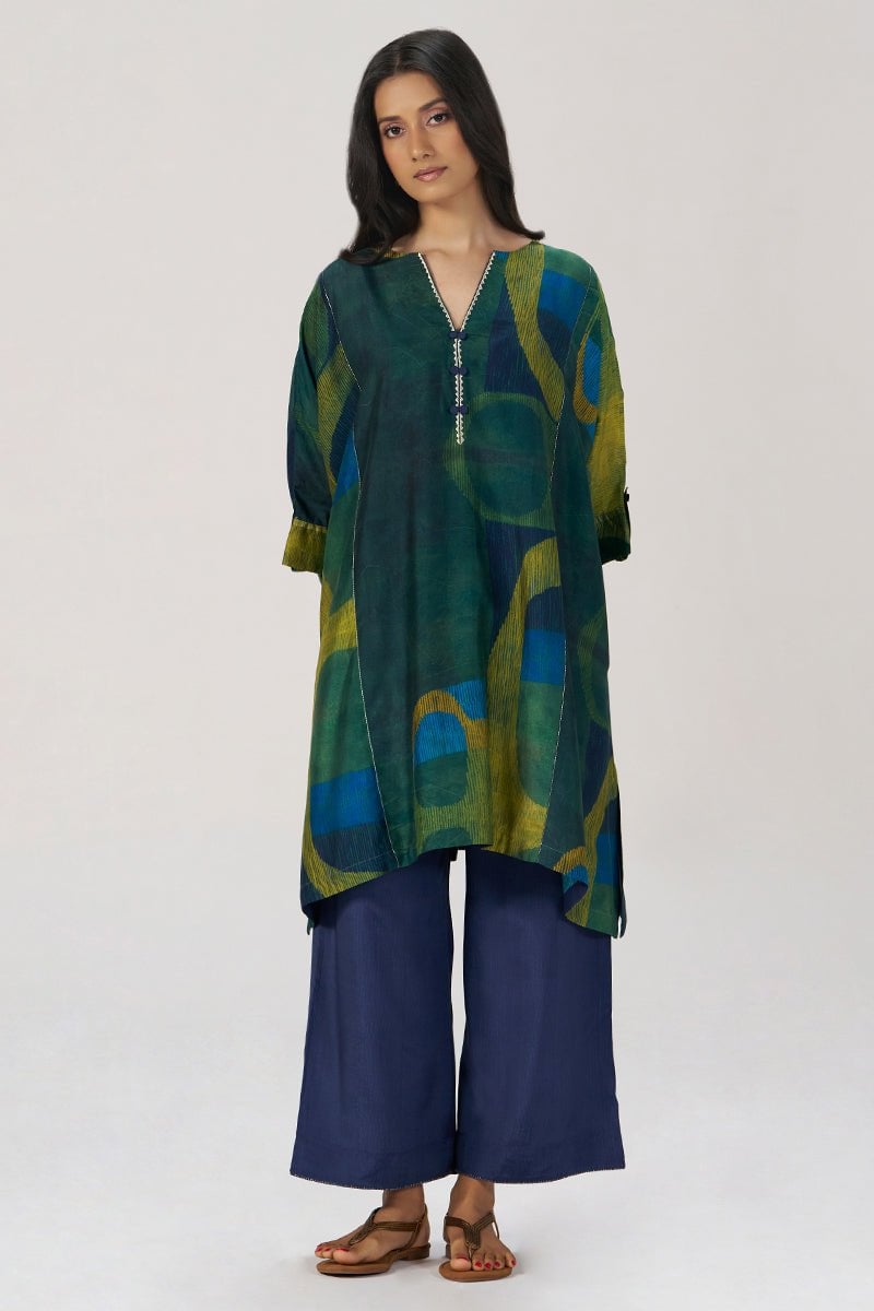 Deep Green and Blue Abstract Silk Co-ord Set