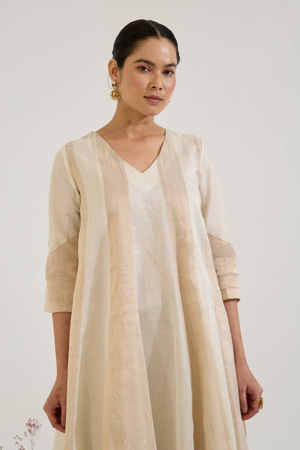 White Gold Tissue Anarkali Kurta Set with Wide-Leg Pants