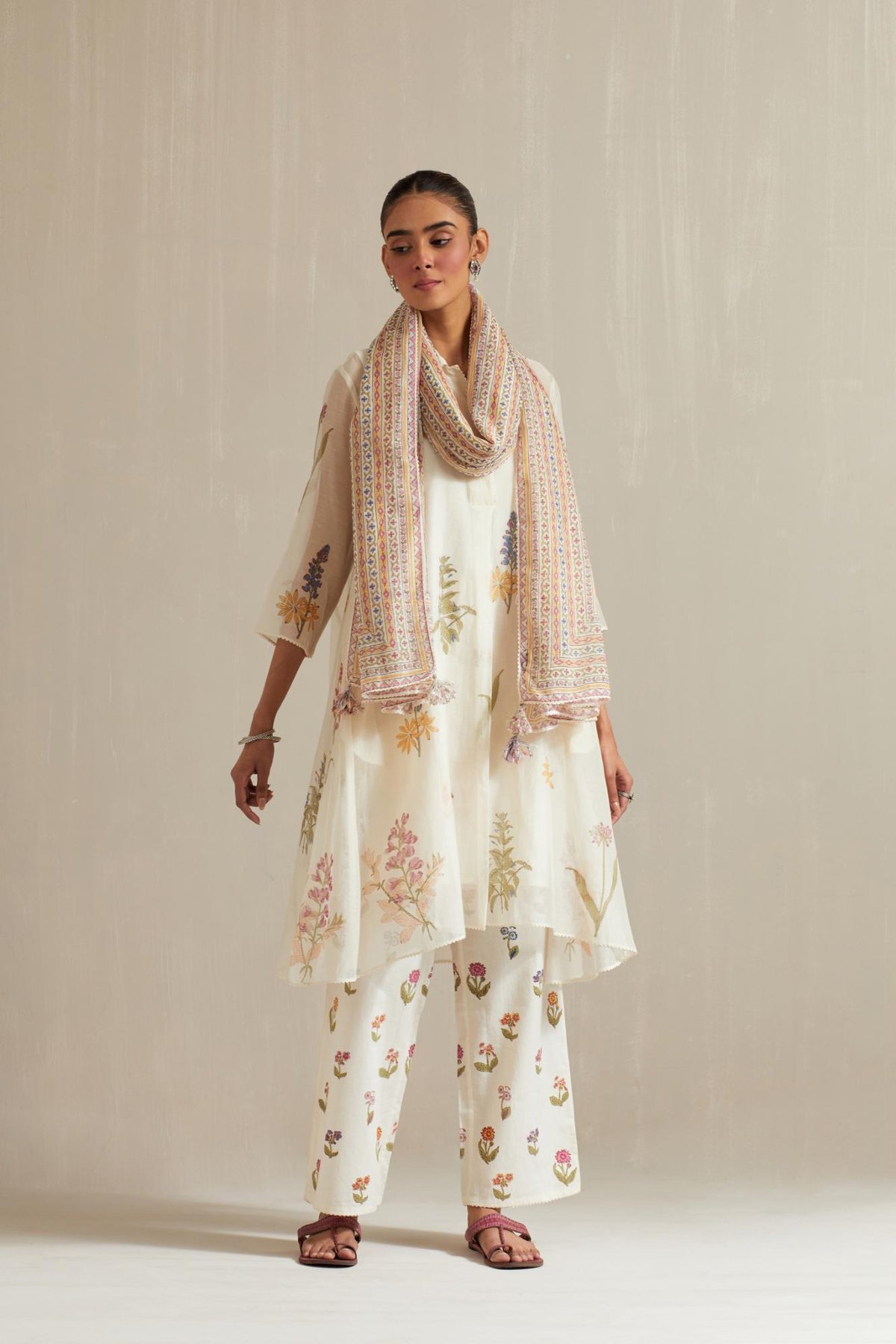 Off White A-Line Short Kurta Set