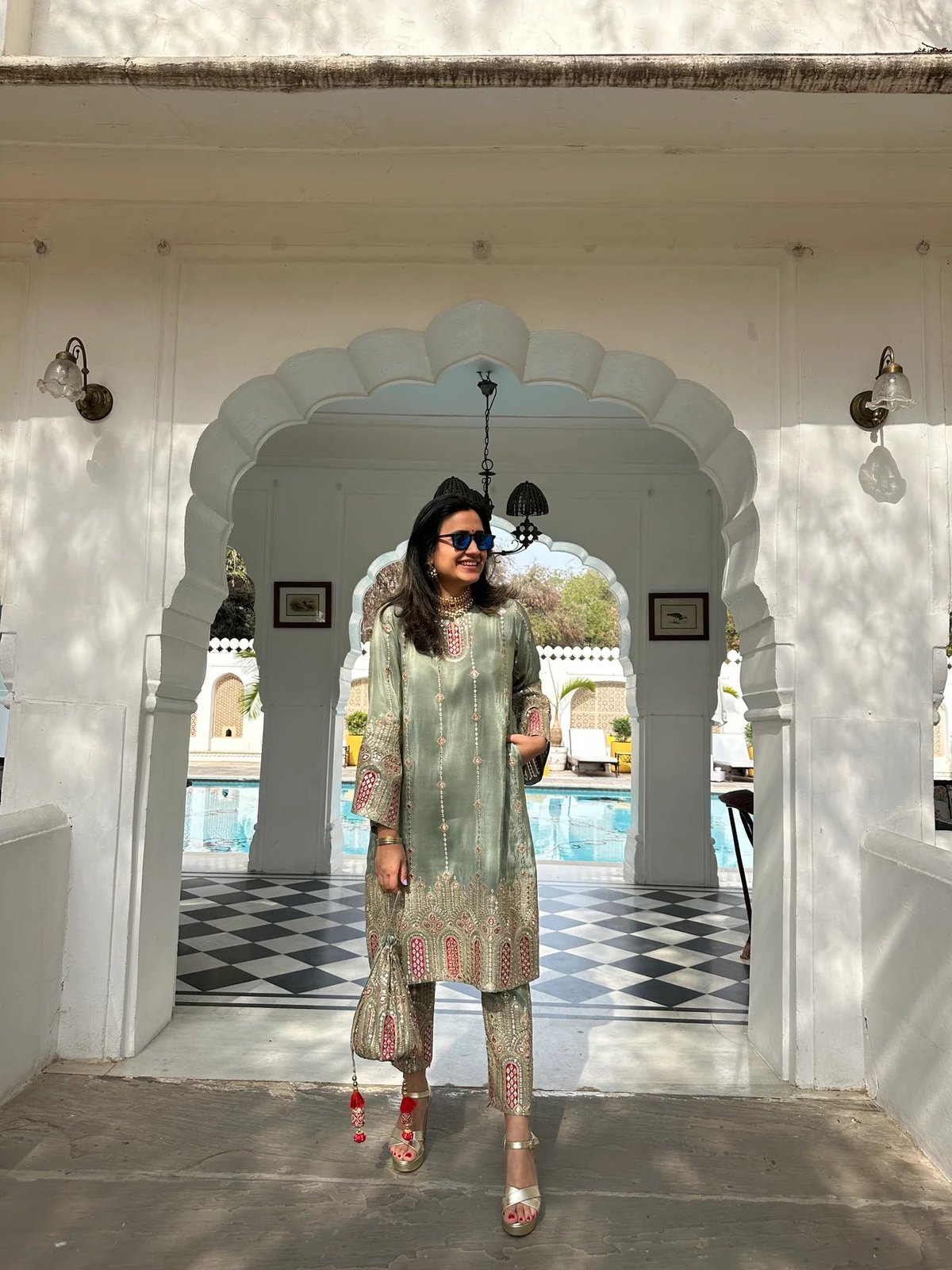 Green Tissue Silk Mirror Work Kurta Set with Dupatta