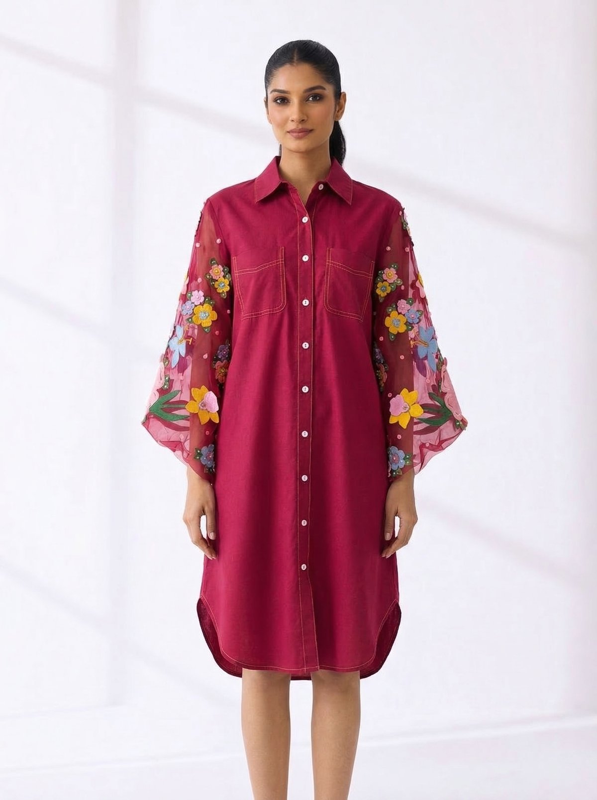 Red Cotton Shirt Dress with Embroidered Sheer Sleeves