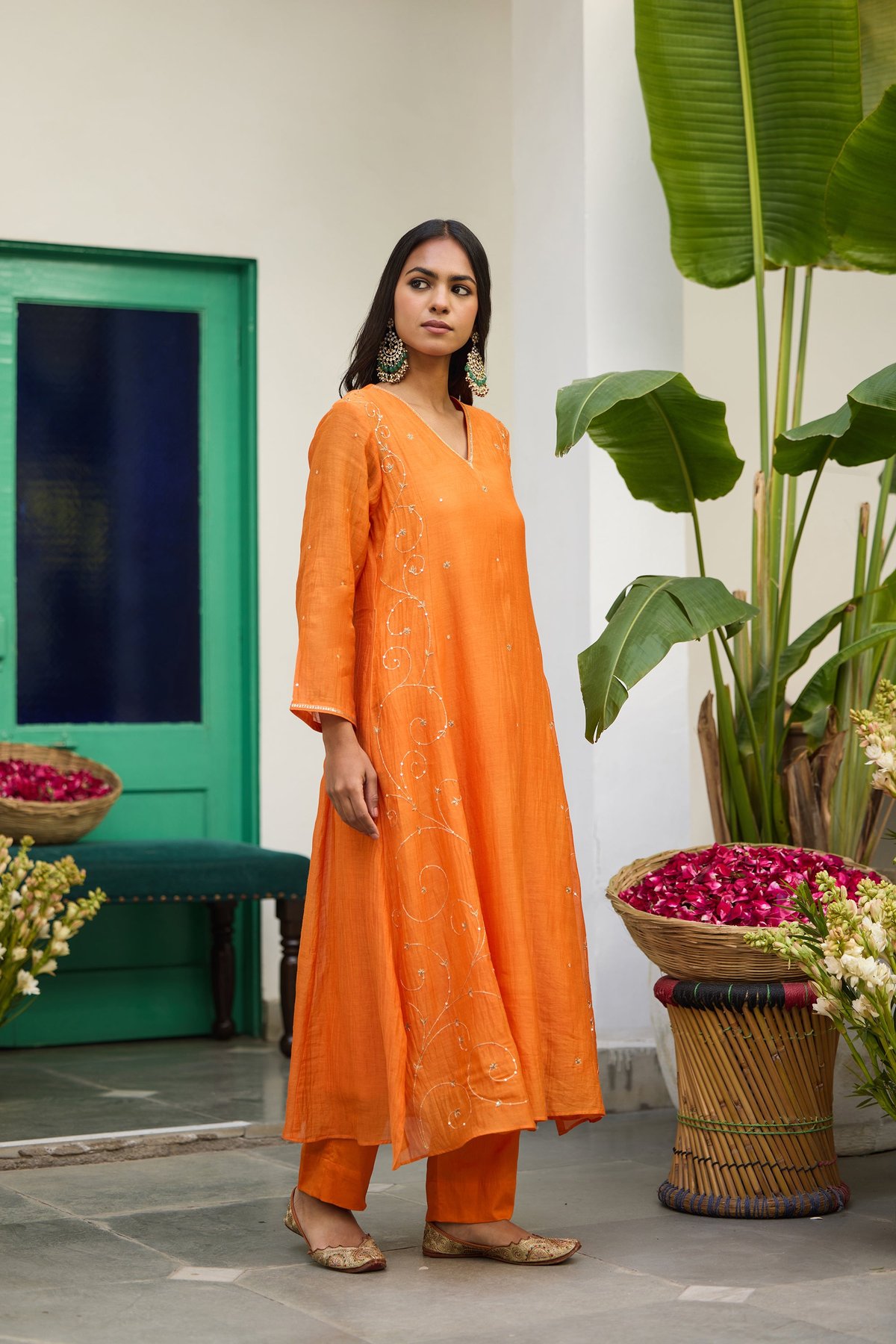 Orange Silk Chanderi Hand-Embroidered Kurta Set