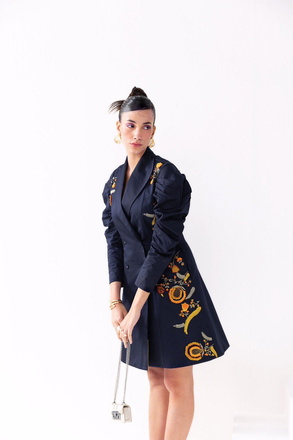 Navy Cotton Satin Embroidered Blazer Dress
