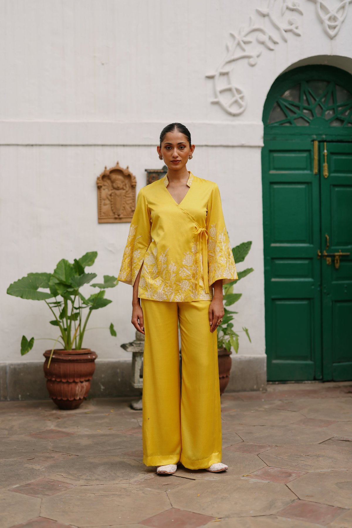Yellow Wrap Top and Wide-Leg Pants Co-ord Set