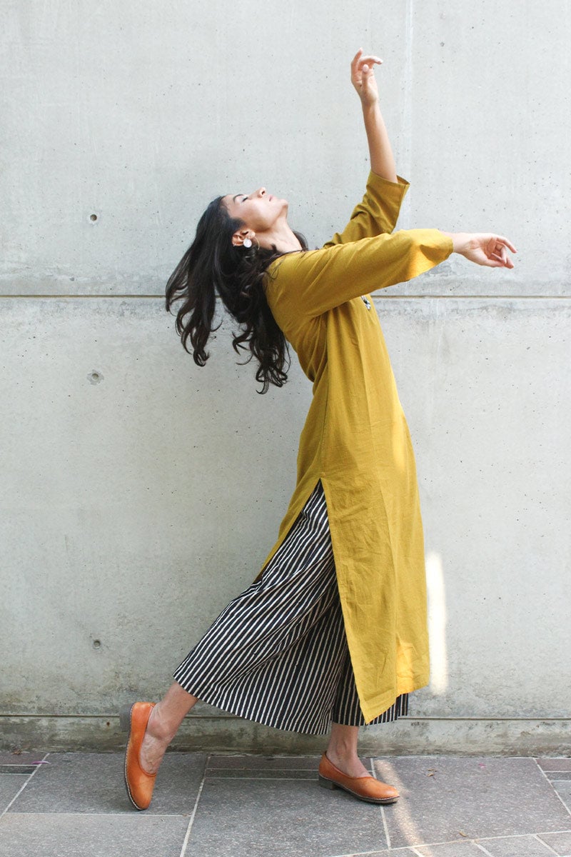 Mustard Kurta and Striped Culottes Cotton Co-ord Set