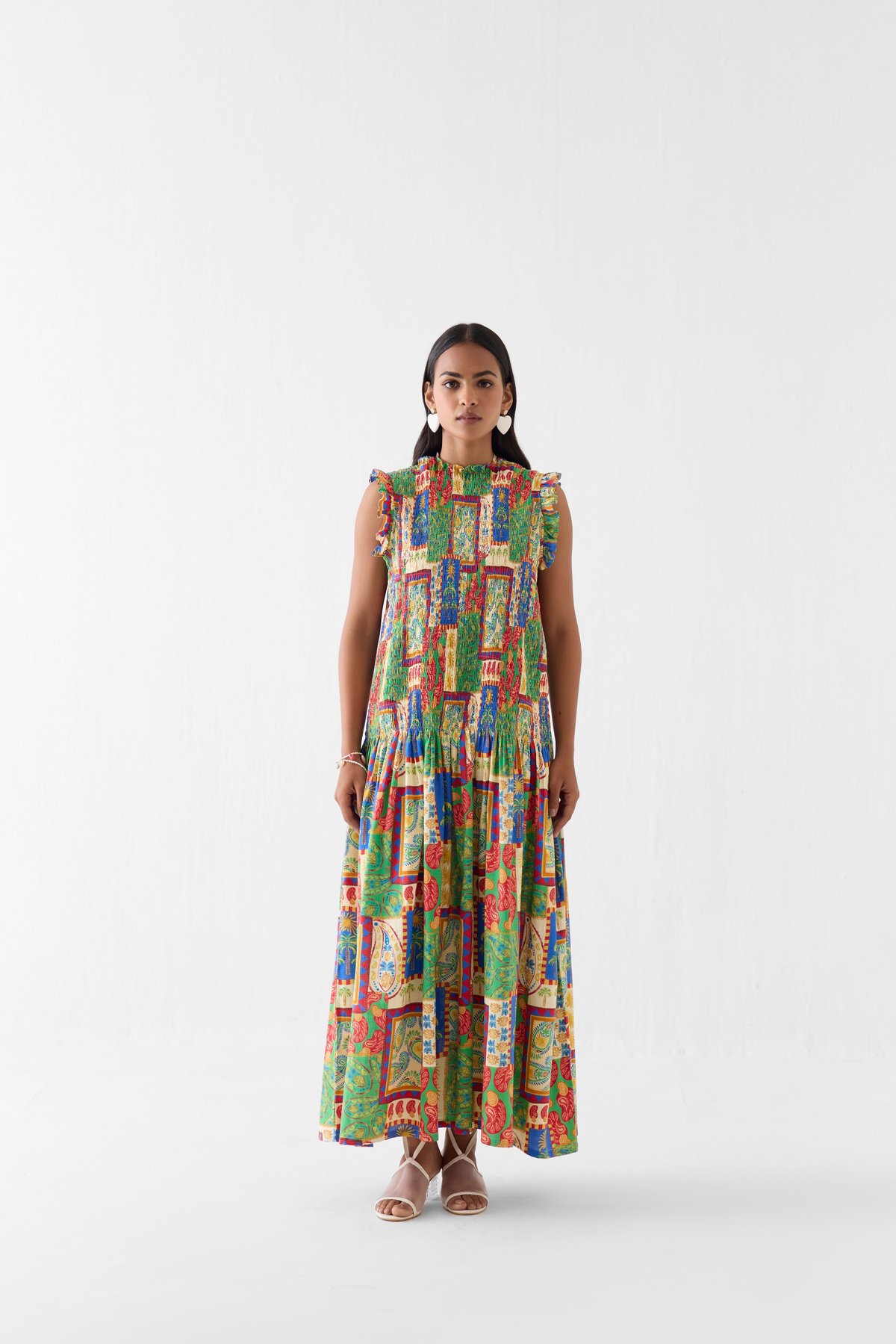 Multicolor Printed Ruched Bodice Maxi Dress