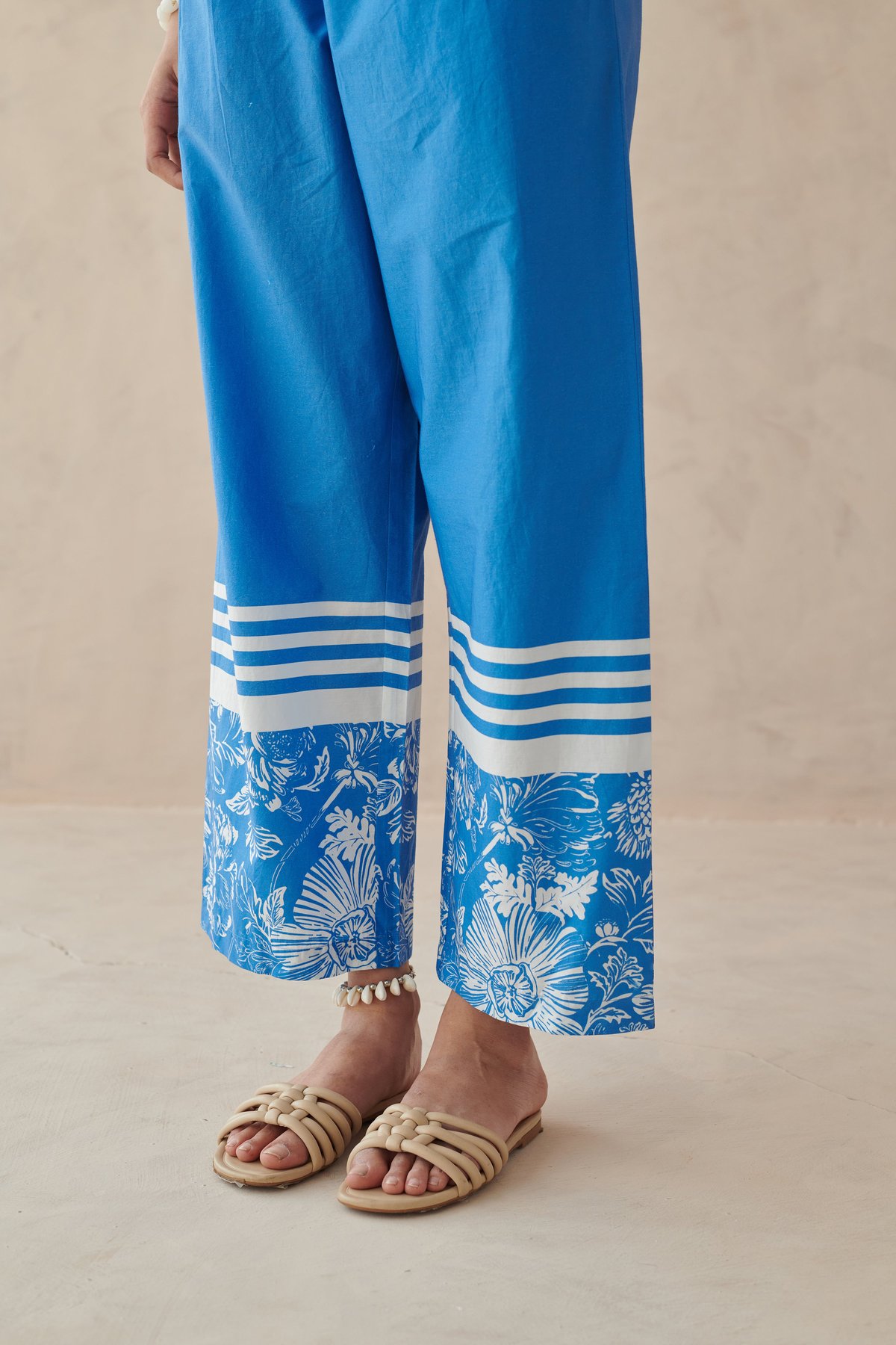 Blue Cotton Straight-Leg Pants with Border Print