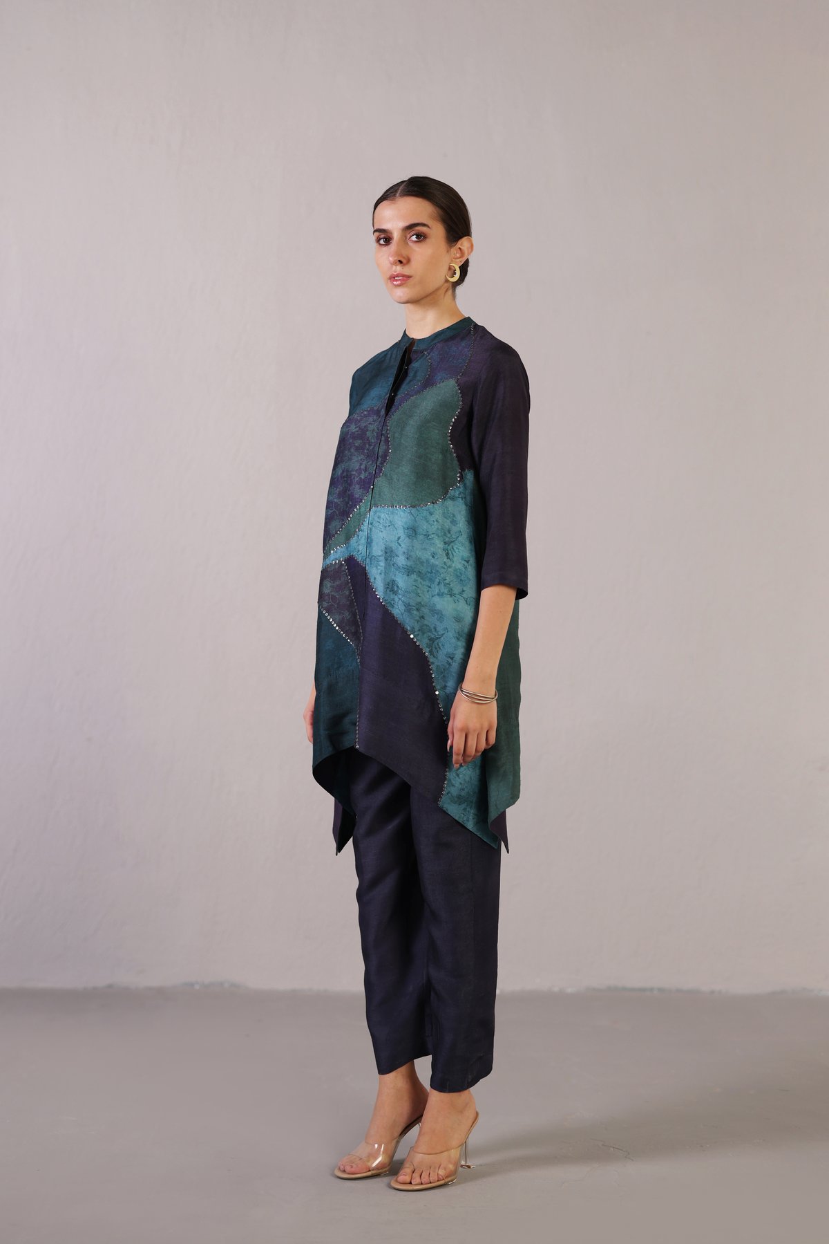 Royal Blue Colorblocked Dupion Silk Kurta Set